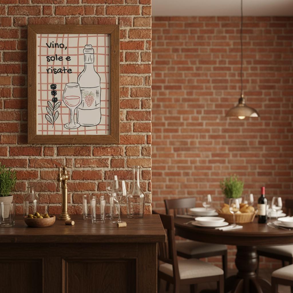 Poster illustrato con vino e bicchieri, convivialità e stile di vita italiano