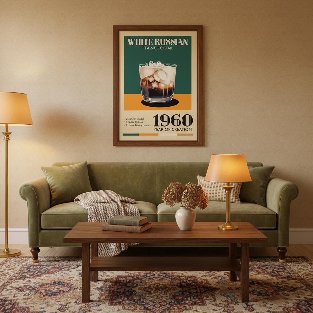 Poster White Russian vintage con bicchiere cocktail e scritta classic cocktail, grafica retrò da bar elegante
