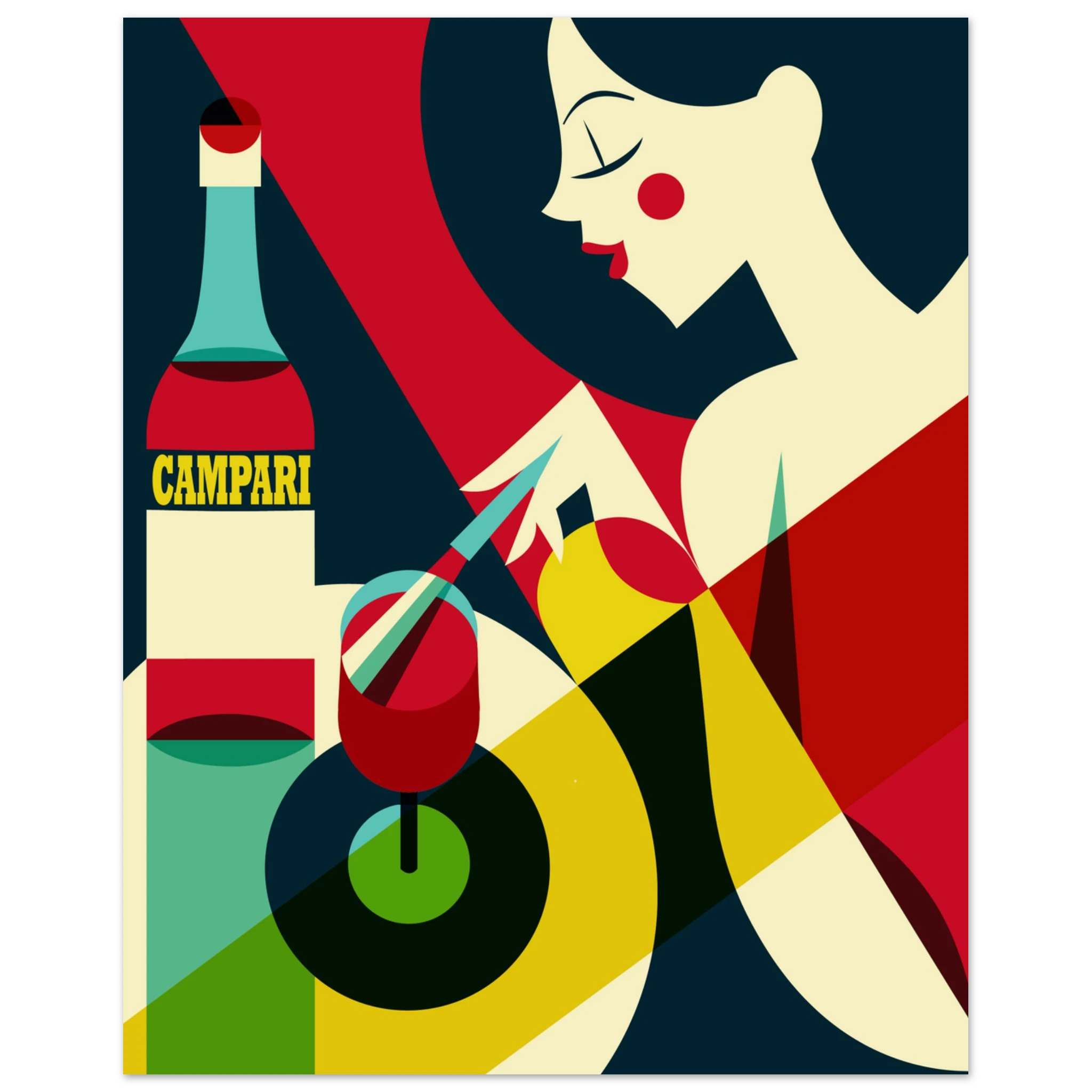 Poster vintage Campari con donna stilizzata e bottiglia, grafica retrò da aperitivo italiano