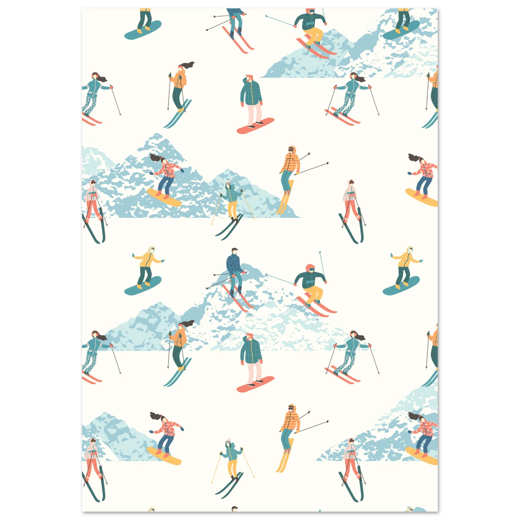 Poster sci illustrato con gruppo di sciatori e snowboarder, arte moderna di montagna