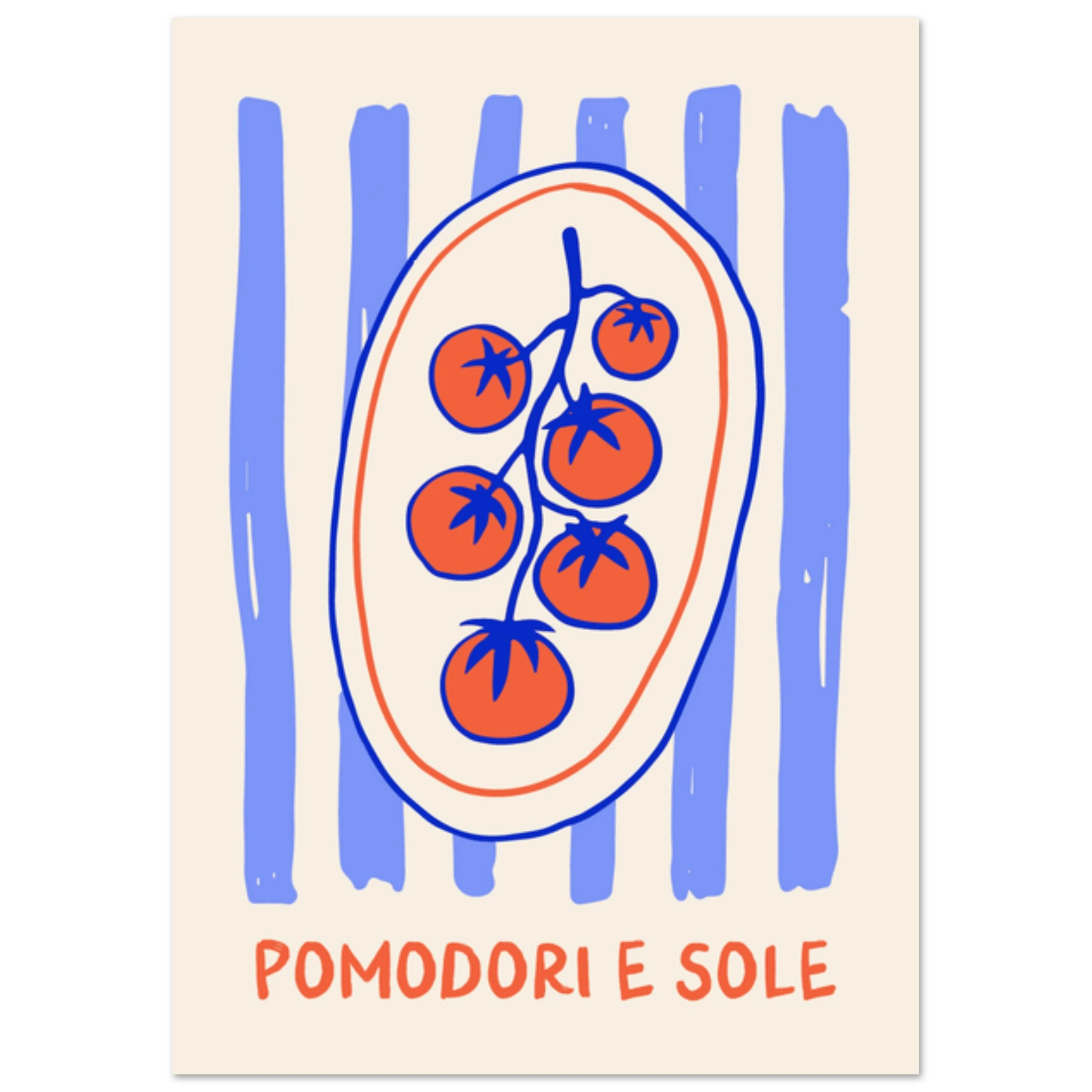 Poster illustrato con pomodori e sole, stile mediterraneo italiano