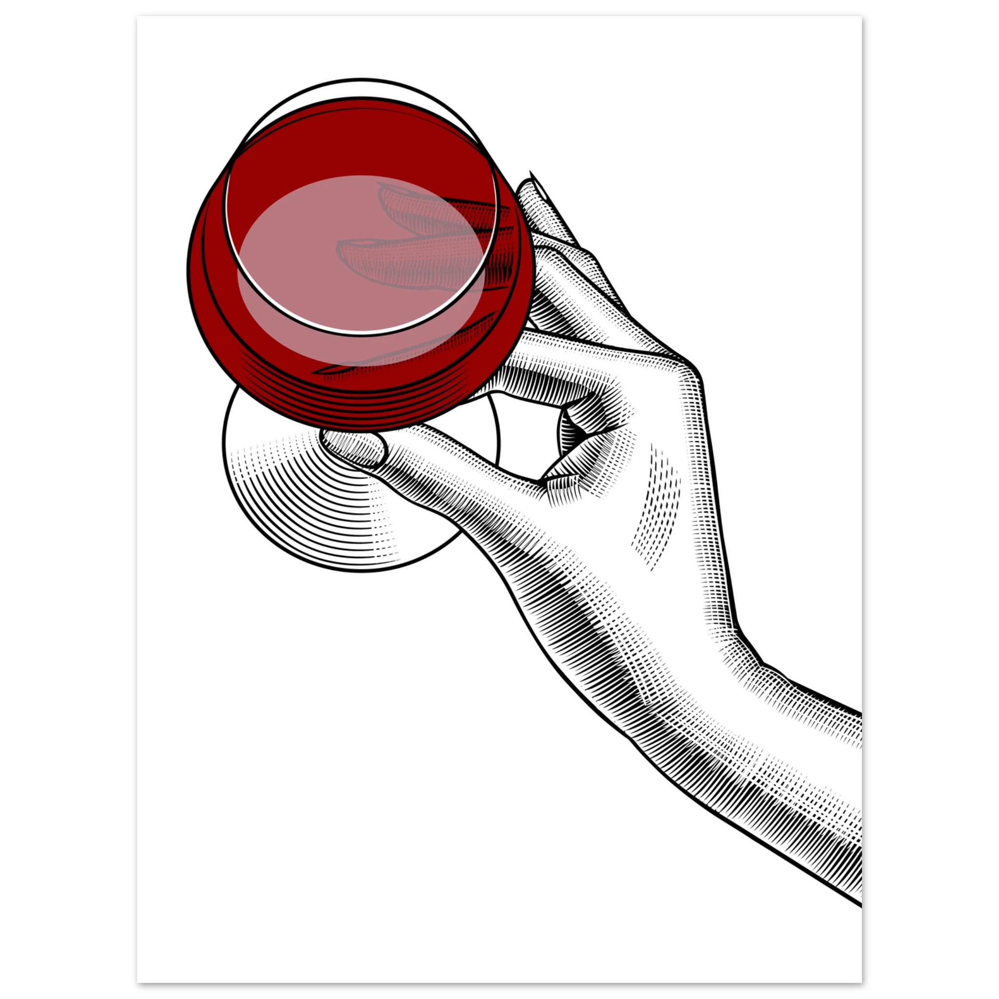 Poster minimal con mano illustrata che regge un bicchiere di vino rosso, line art moderna