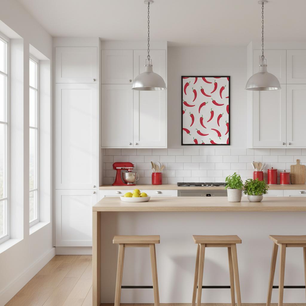 Poster con peperoncini rossi ripetuti su sfondo bianco, stile pop art moderno e minimal.