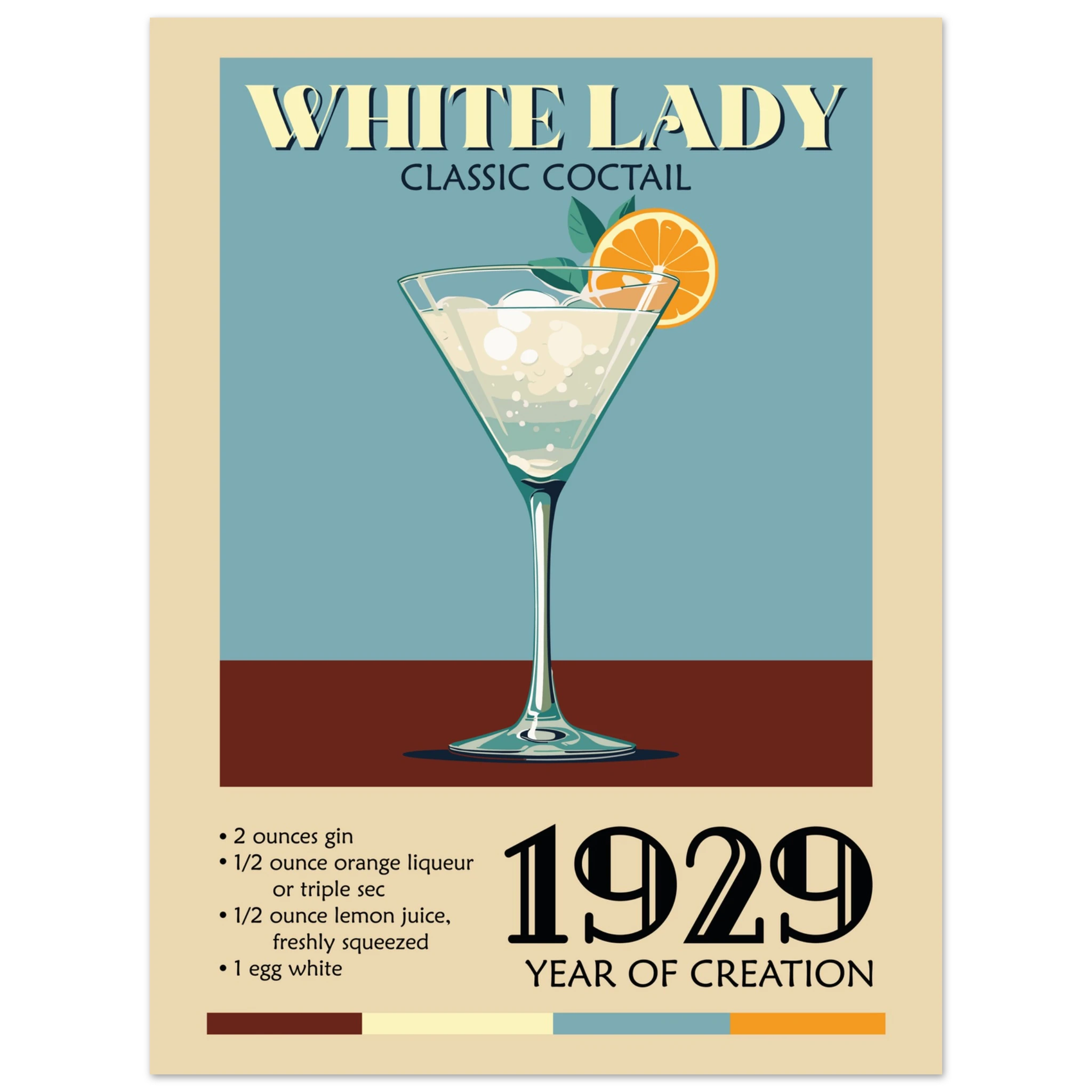 Poster White Lady cocktail vintage con bicchiere e scritta classic cocktail, stile retrò elegante
