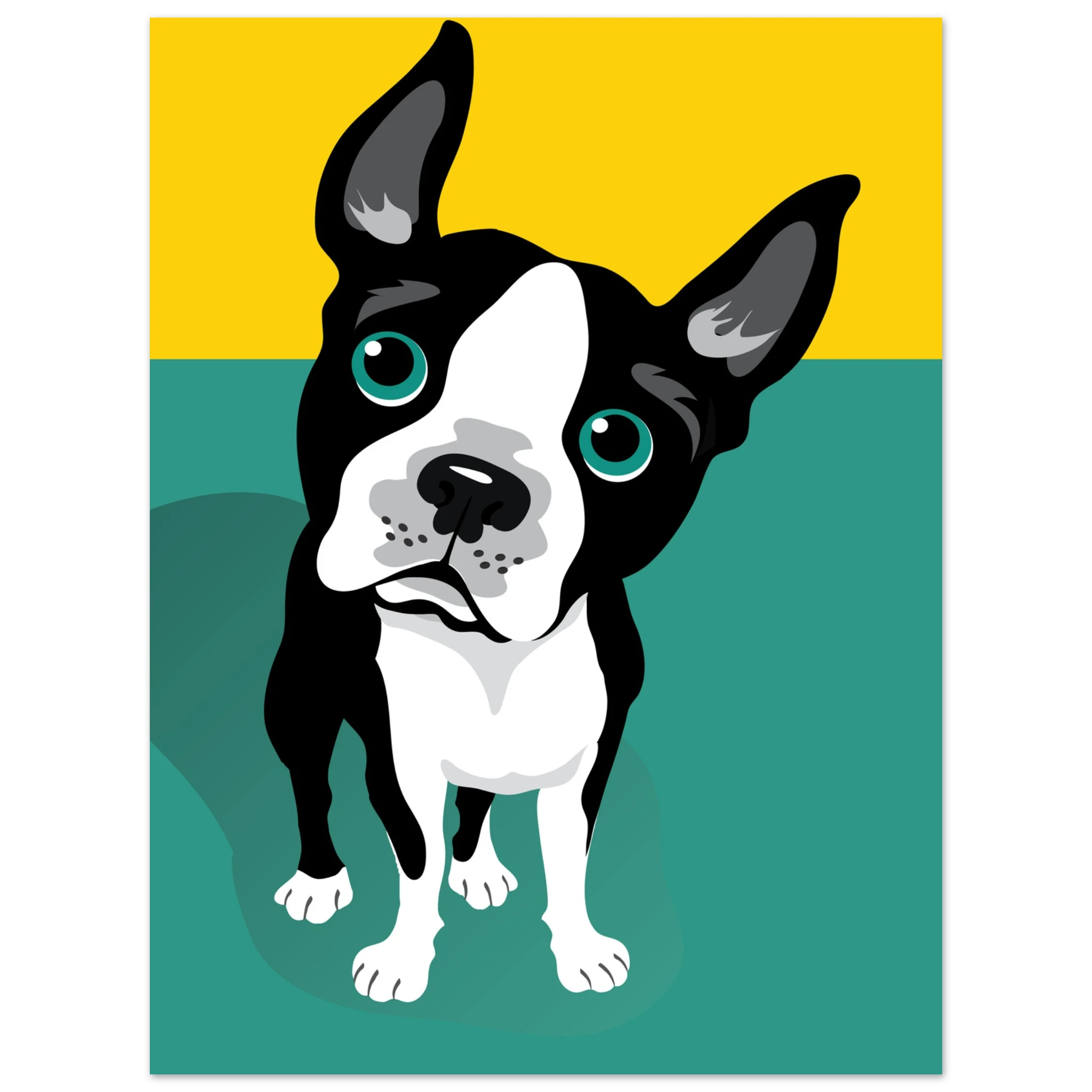 Illustrazione pop art di un Boston Terrier su sfondo verde e giallo, poster moderno per decorazione casa.