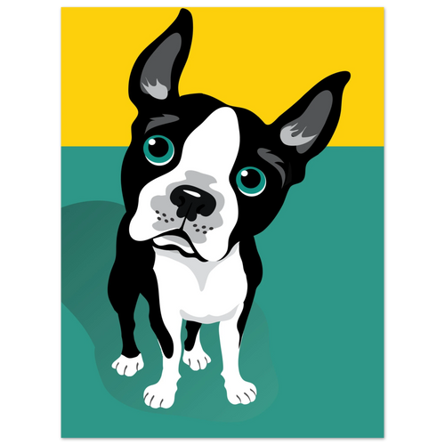 Illustrazione pop art di un Boston Terrier su sfondo verde e giallo, poster moderno per decorazione casa.