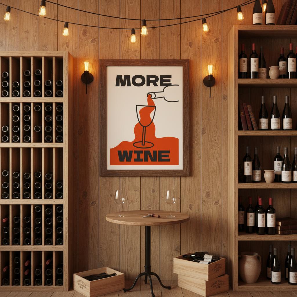 Poster More Wine con scritta grande e vino versato in un calice, stile pop tipografico