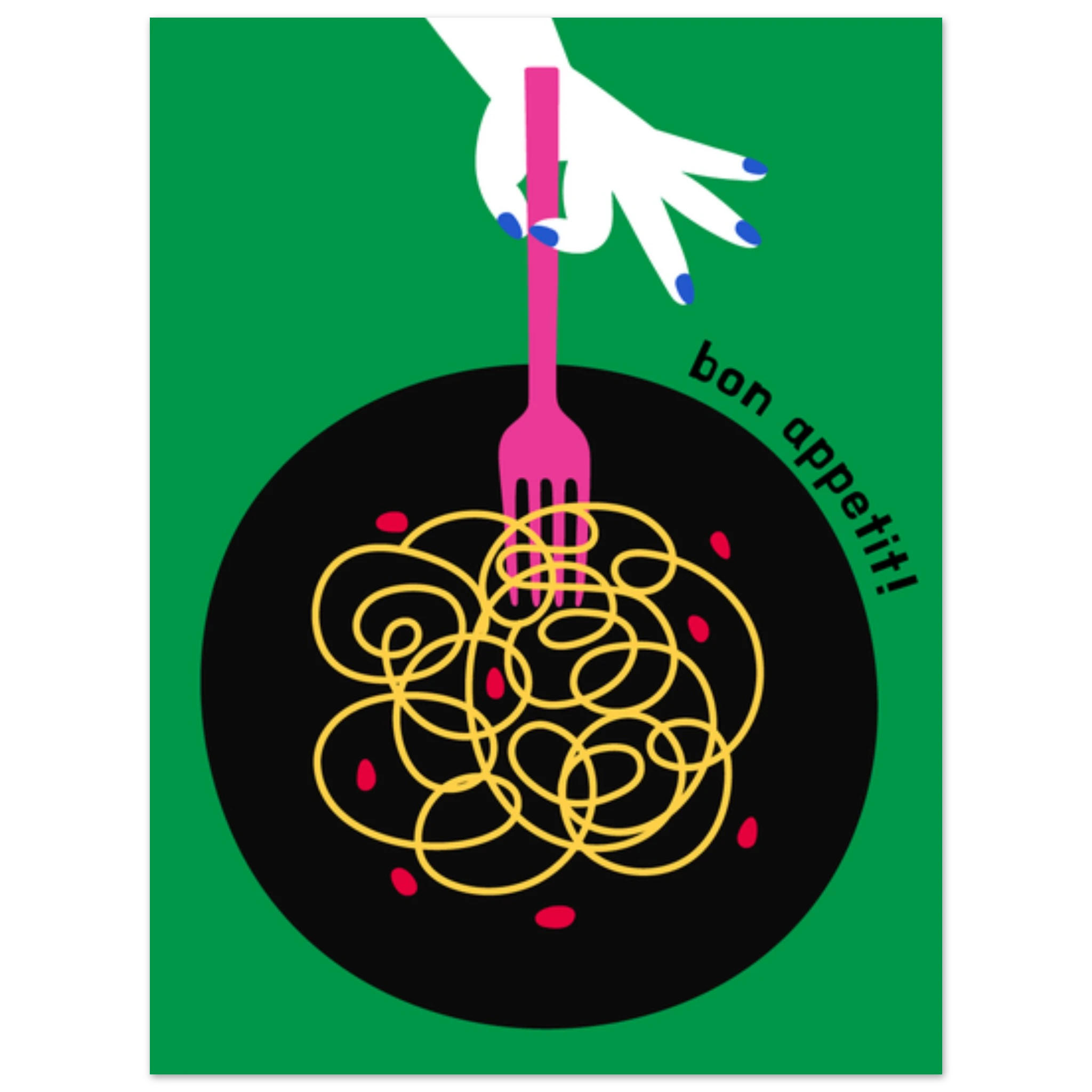 Poster illustrato con piatto di pasta in stile moderno, convivialità italiana