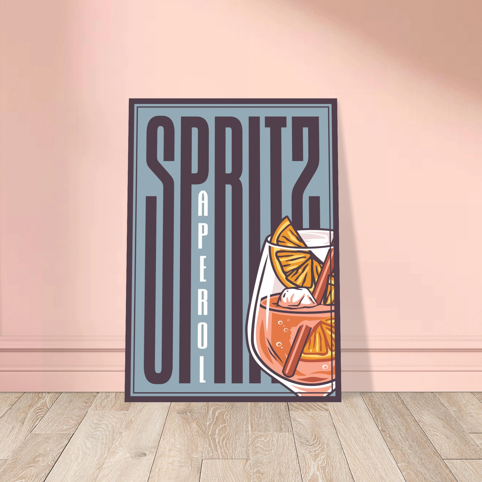 Poster Spritz Aperol con tipografia retrò e bicchiere arancione, graphic design vintage per angolo bar