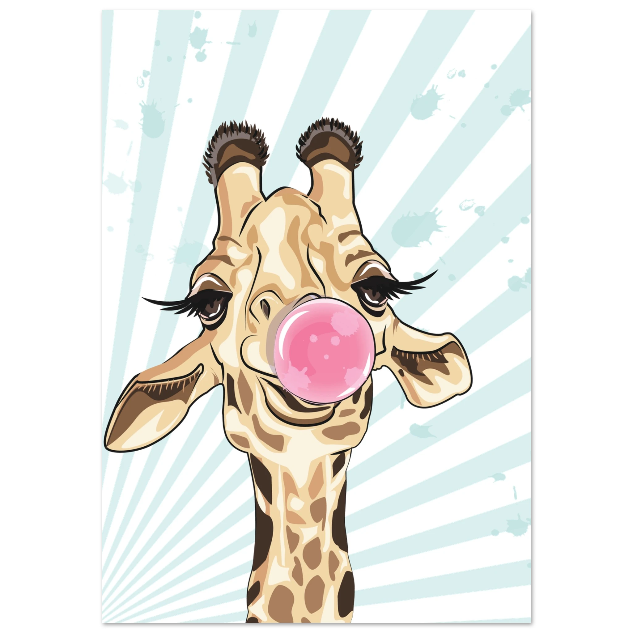 Poster con giraffa pop art che fa una bolla di chewing gum rosa, illustrazione moderna su sfondo azzurro