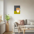 Poster pop art con illustrazione di un volpino, cane soffice e simpatico, decorazione moderna per casa e amanti dei cani.