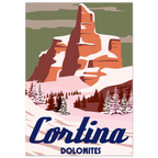 Poster illustrato di Cortina ispirato alle Alpi e agli sport invernali, in stile iconico e contemporaneo
