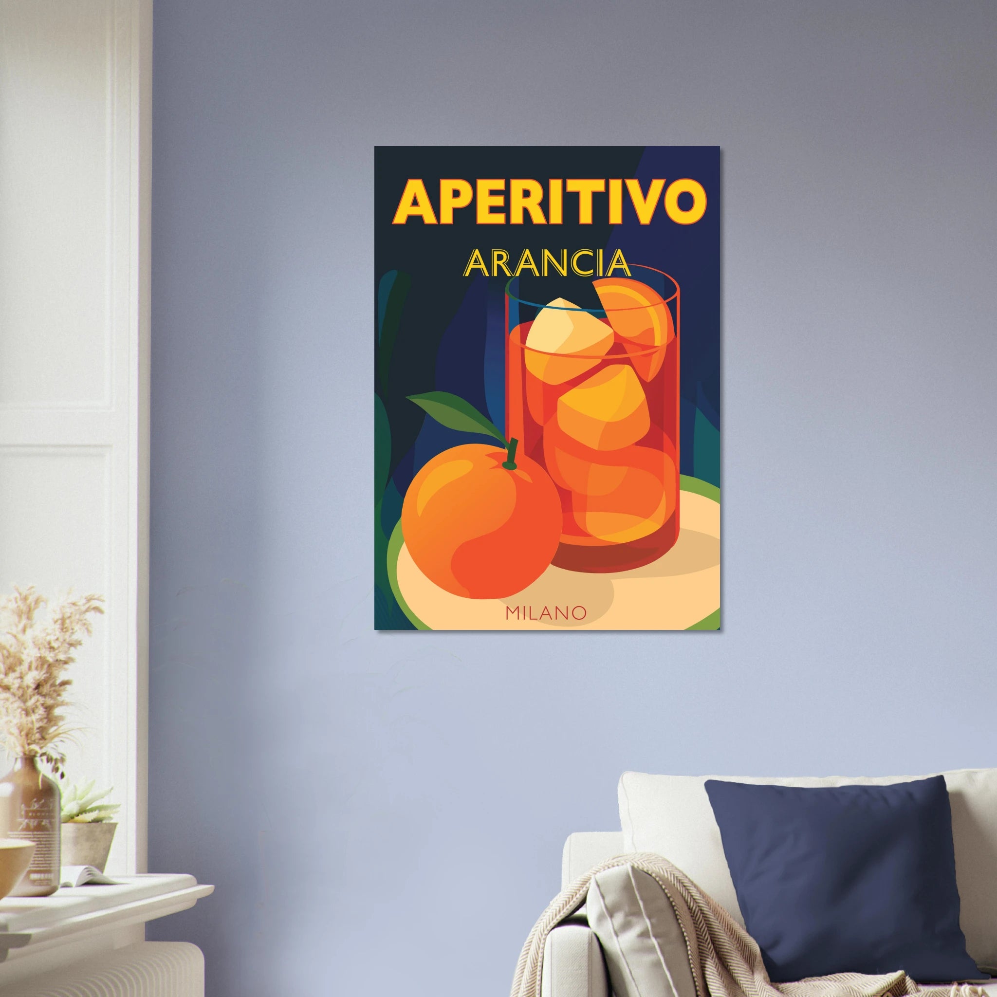 Poster Aperol Spritz in stile manifesto vintage con bicchiere arancione, grafica rétro italiana da parete.