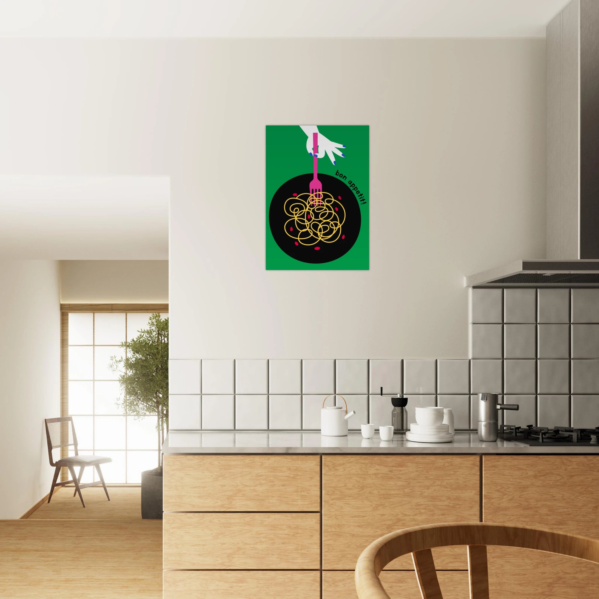 Poster illustrato con piatto di pasta in stile moderno, convivialità italiana