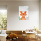 Poster illustrato per bambini con una volpe sorridente in stile dolce e colori pastello