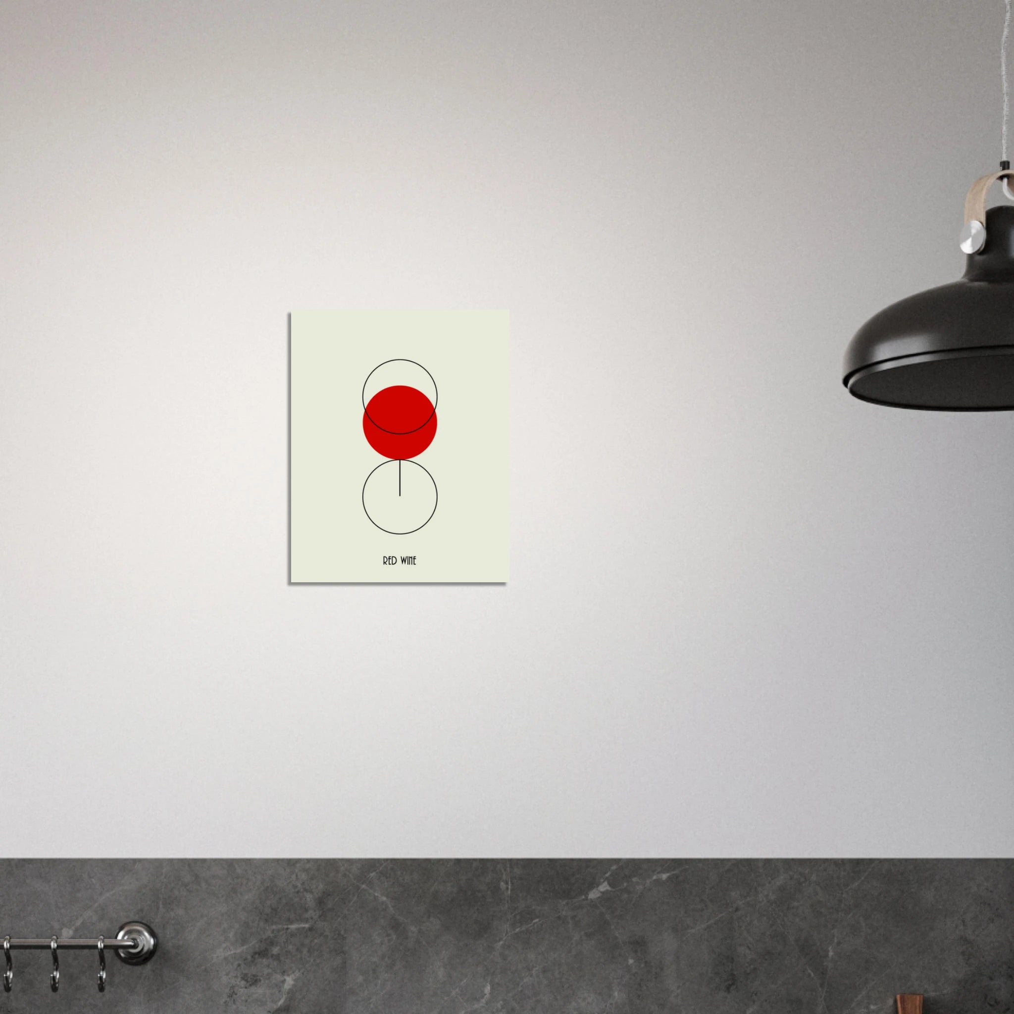 Poster minimal con bicchiere di vino rosso stilizzato, arte contemporanea essenziale, design moderno da parete.
