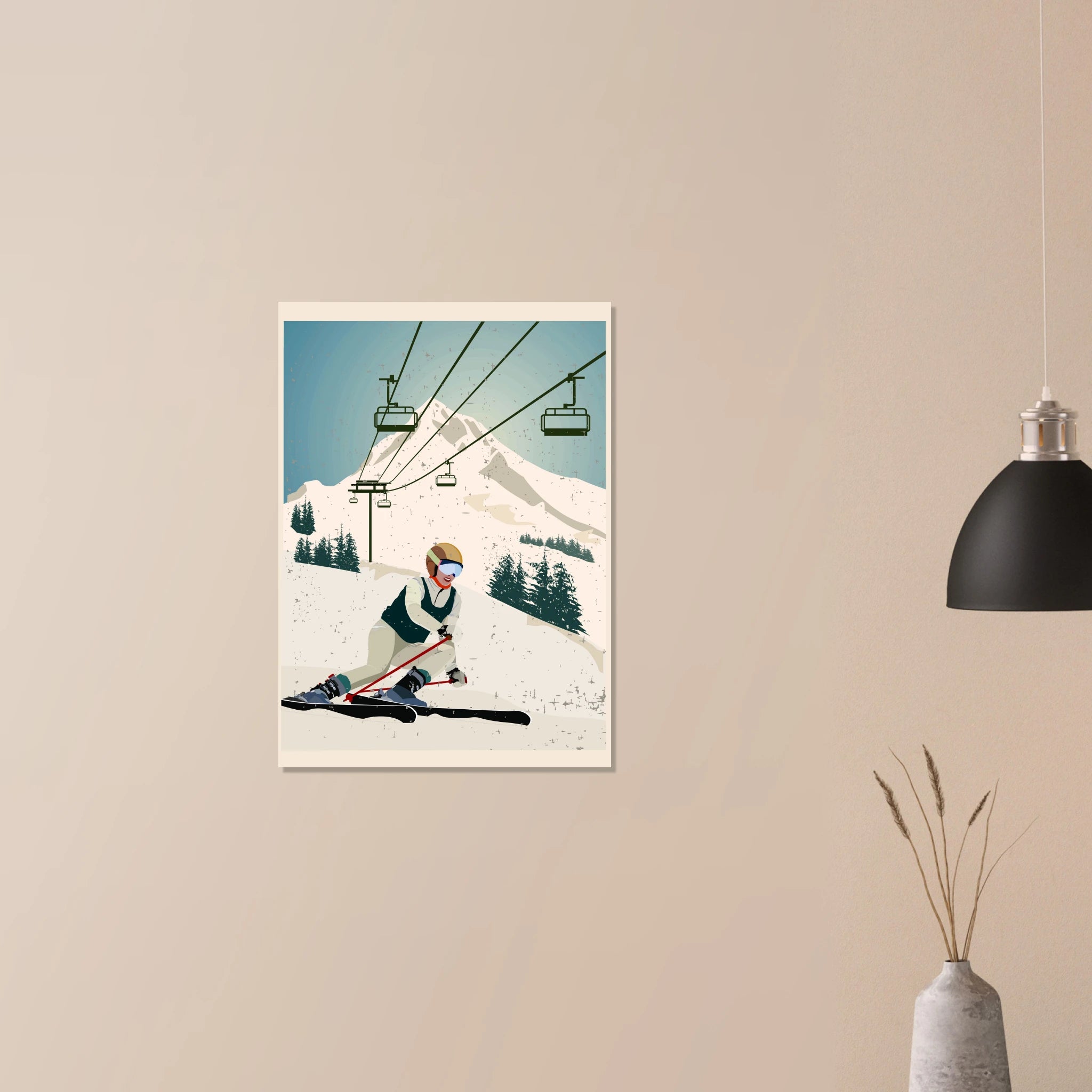 Poster Discesa Alpina con sciatore in discesa e paesaggio montano innevato, arte grafica moderna wall art sportiva
