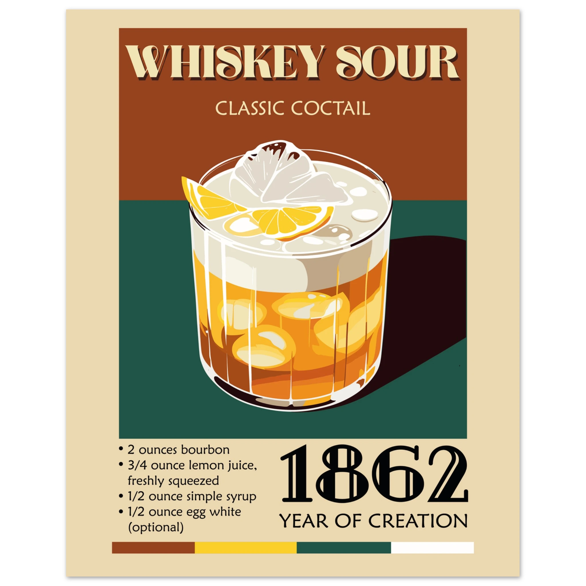 Poster Whiskey Sour vintage con bicchiere cocktail e limone, stile retrò elegante per bar di casa