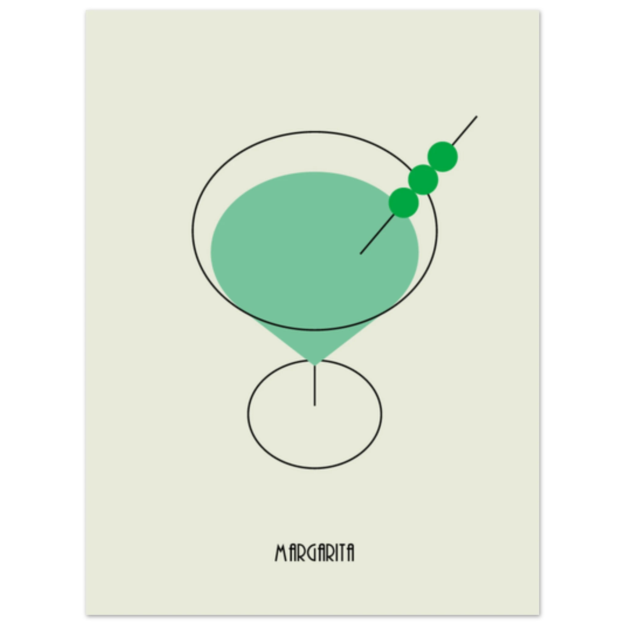 Poster minimal Margarita con cocktail verde e oliva, design moderno elegante per pareti e angolo bar