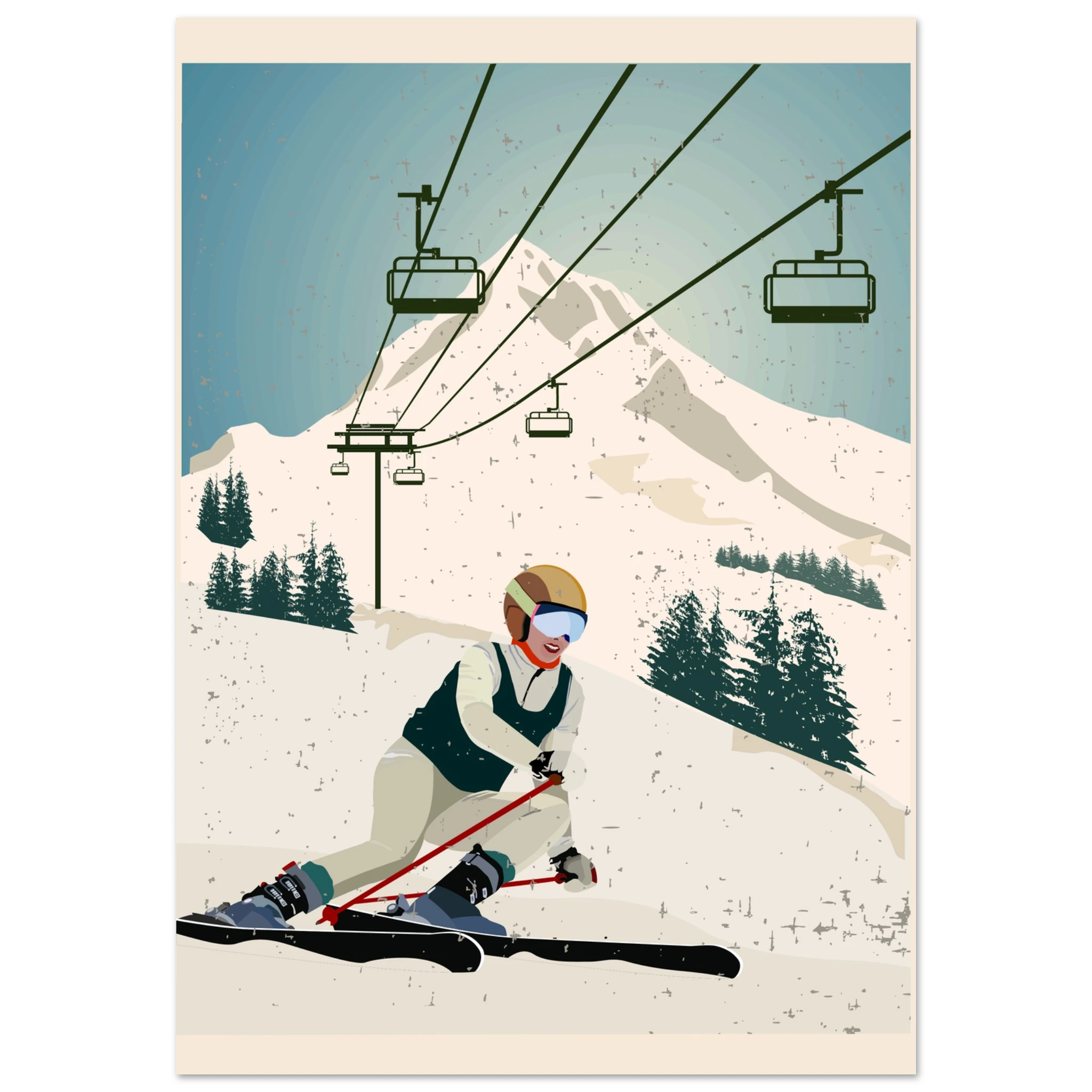 Poster Discesa Alpina con sciatore in discesa e paesaggio montano innevato, arte grafica moderna wall art sportiva
