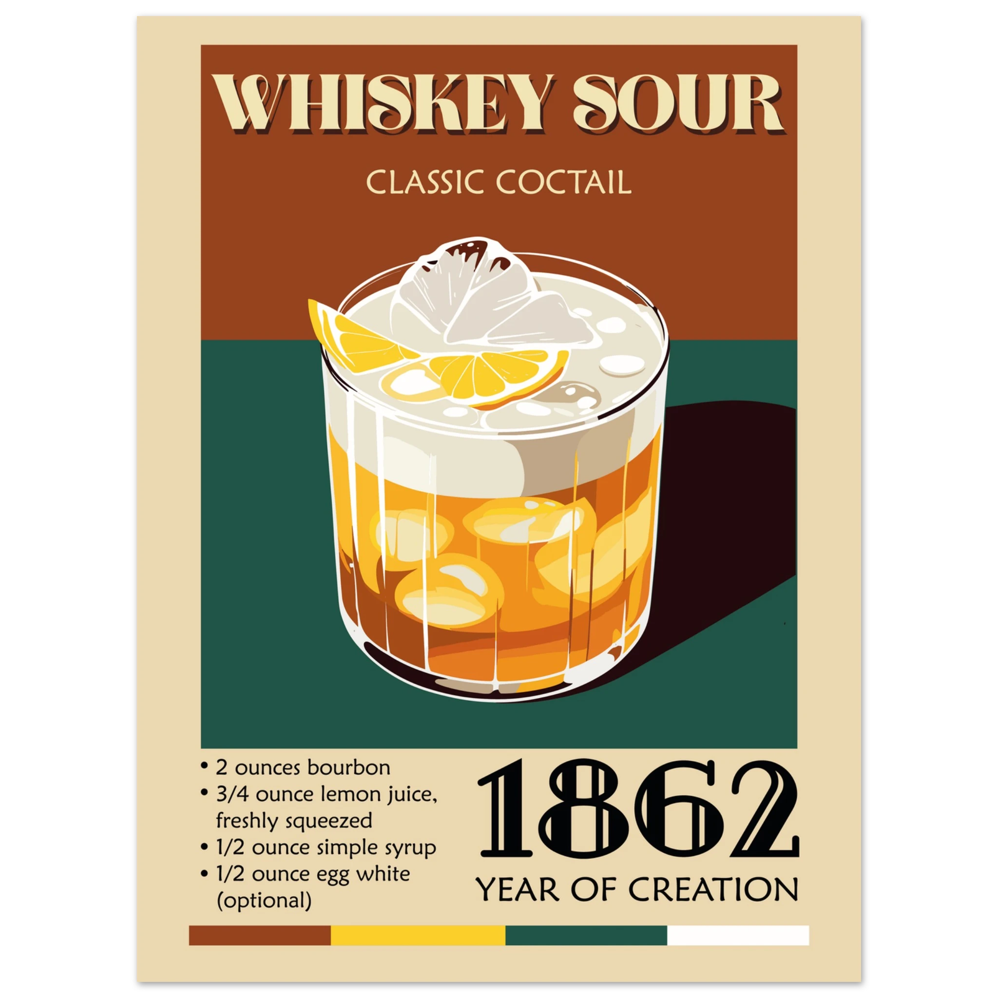 Poster Whiskey Sour vintage con bicchiere cocktail e limone, stile retrò elegante per bar di casa