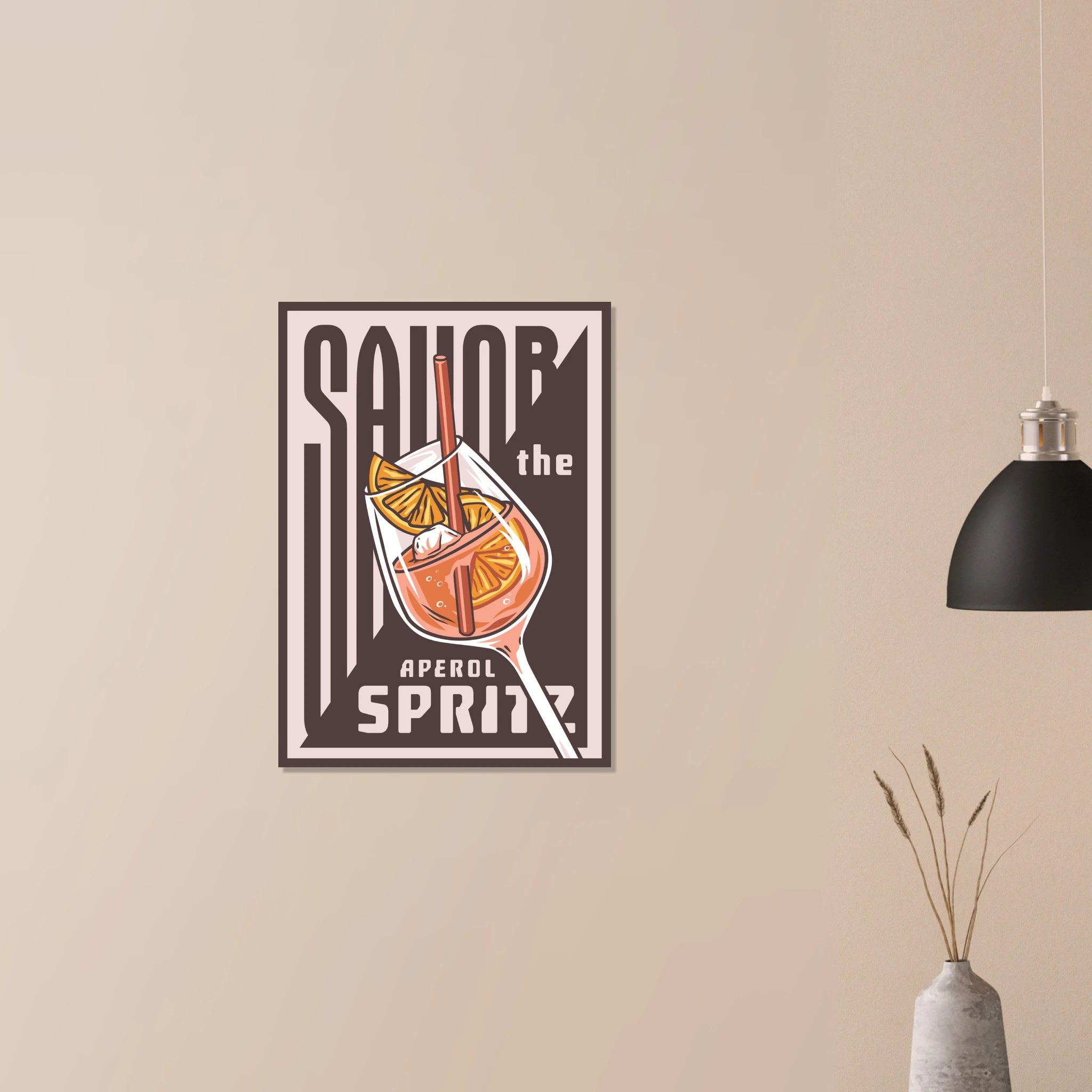 Poster Savor the Spritz con tipografia bold e bicchiere di spritz, stile retrò graphic design