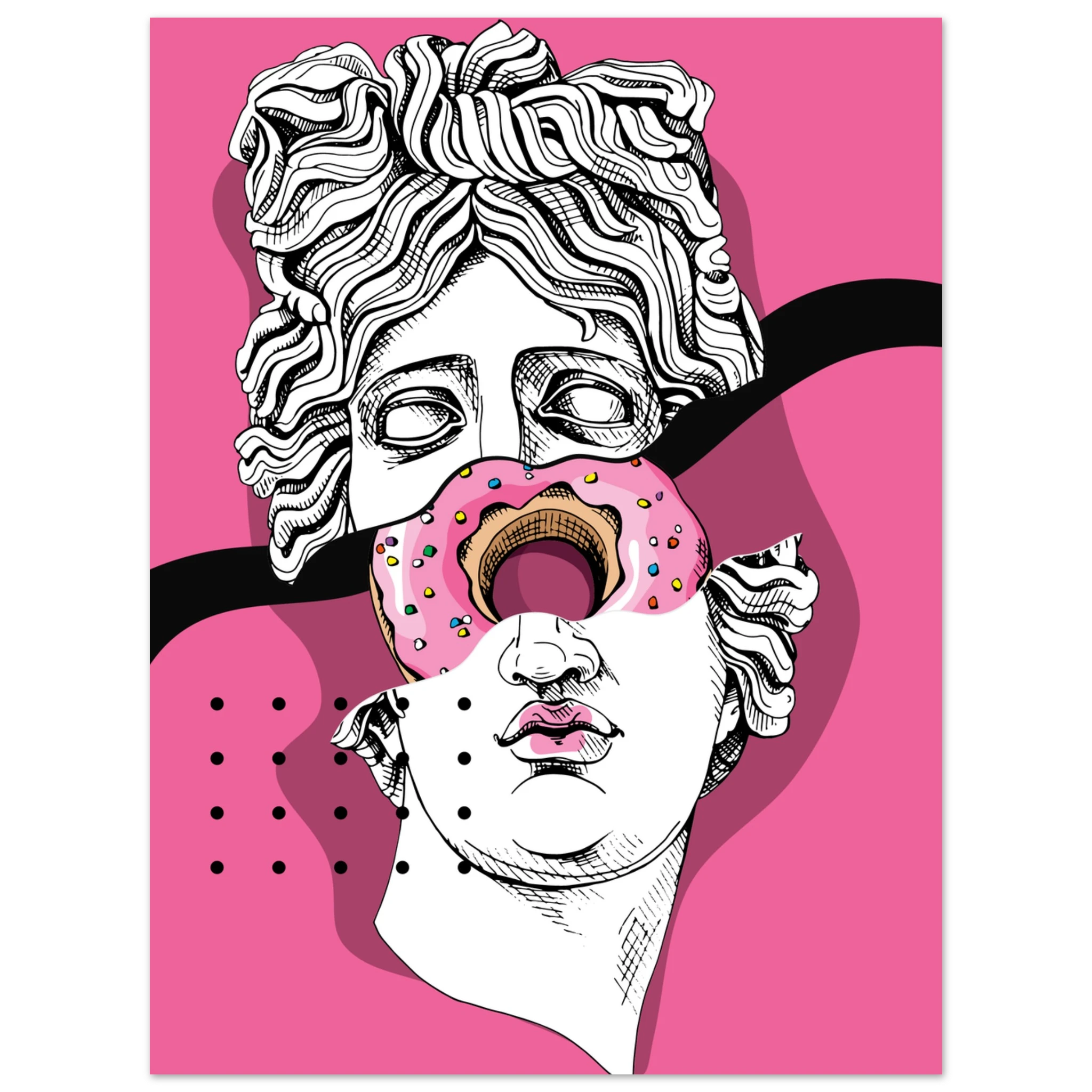 Poster pop art con statua classica bianca e donut rosa sull’occhio, sfondo fucsia, arte contemporanea ironica