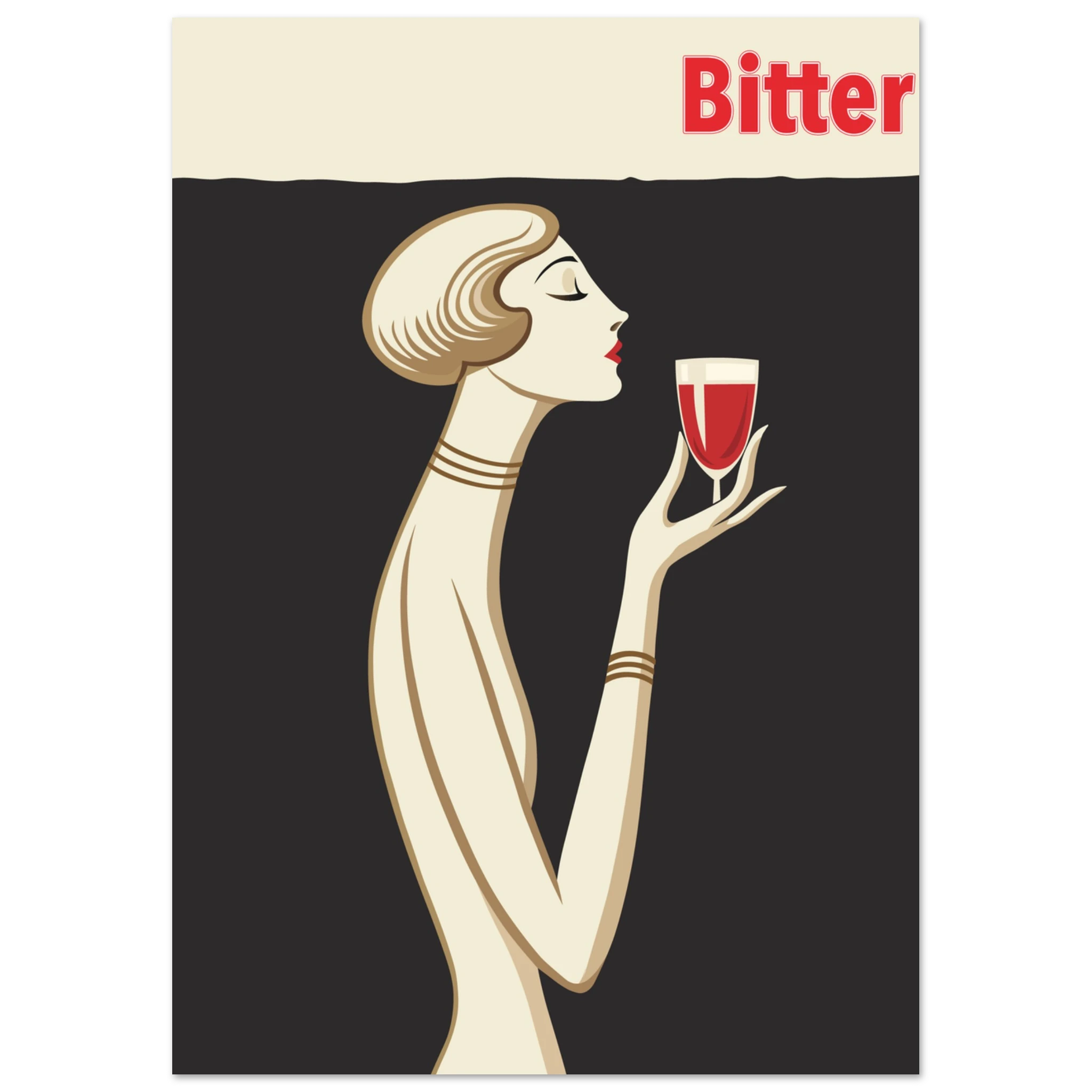 Poster Bitter in stile Art Déco con donna elegante che tiene un calice rosso, grafica vintage