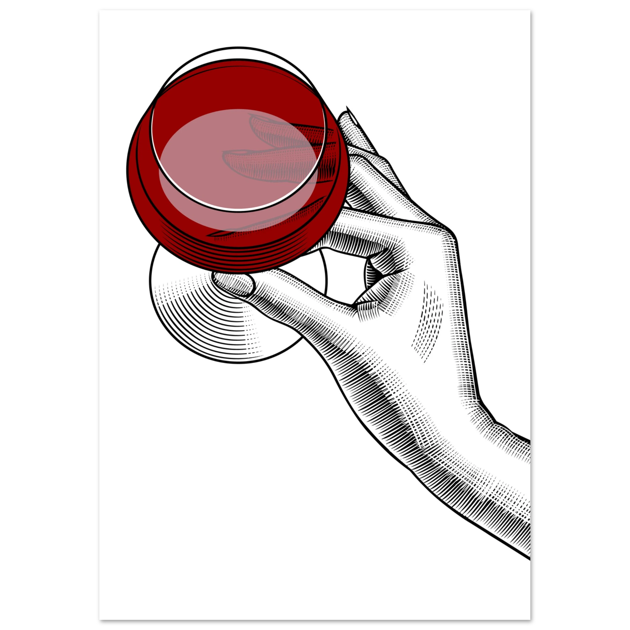 Poster minimal con mano illustrata che regge un bicchiere di vino rosso, line art moderna