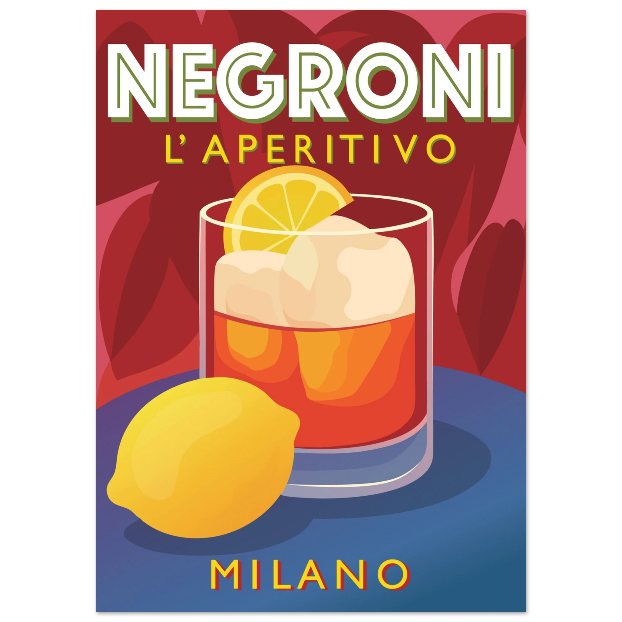 Poster illustrato Campari con bicchiere rosso e limone, stile pop art italiano rétro, grafica elegante da parete.