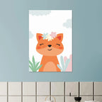 Poster illustrato per bambini con una volpe sorridente in stile dolce e colori pastello