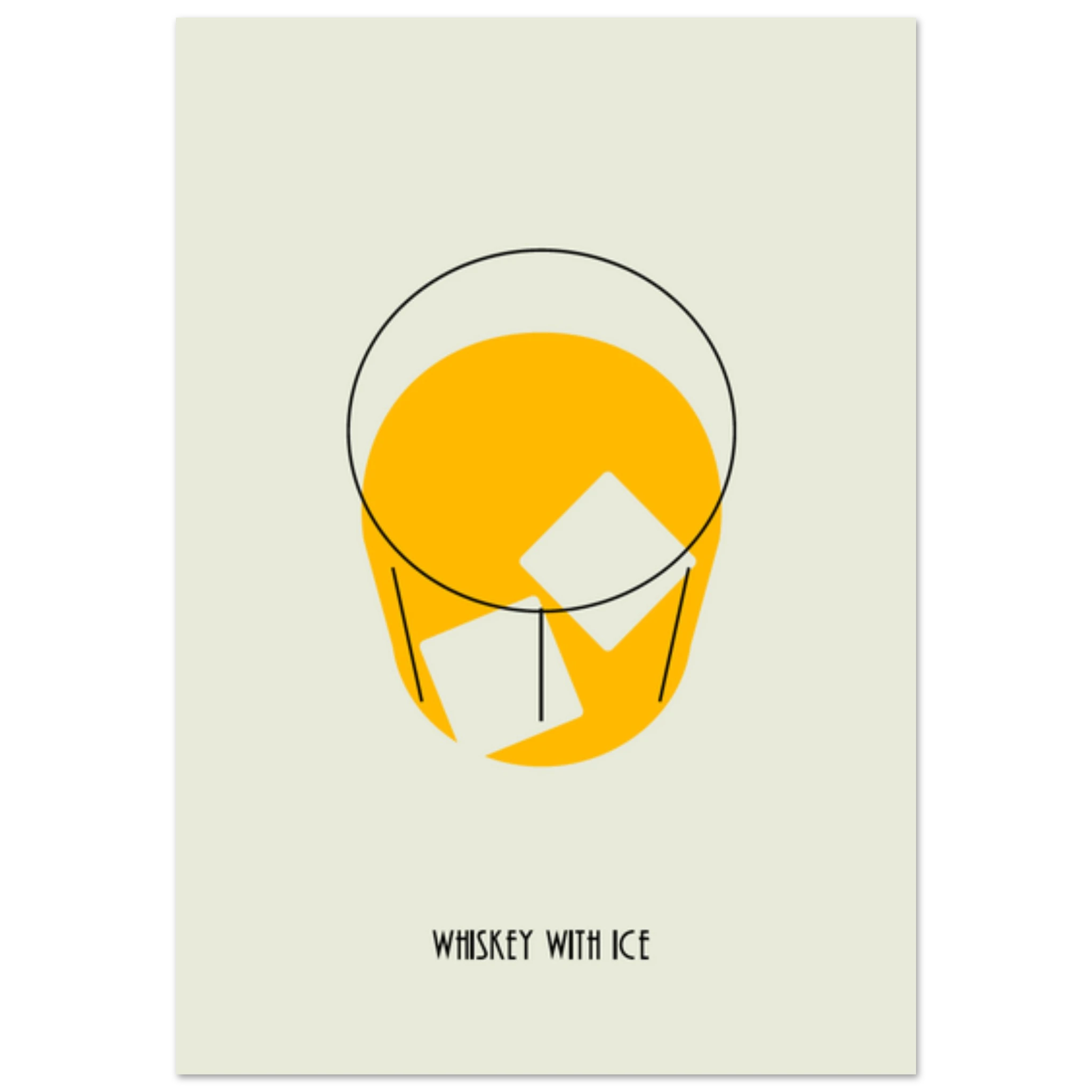 Poster minimal Whiskey with Ice con bicchiere stilizzato e ghiaccio, design moderno elegante