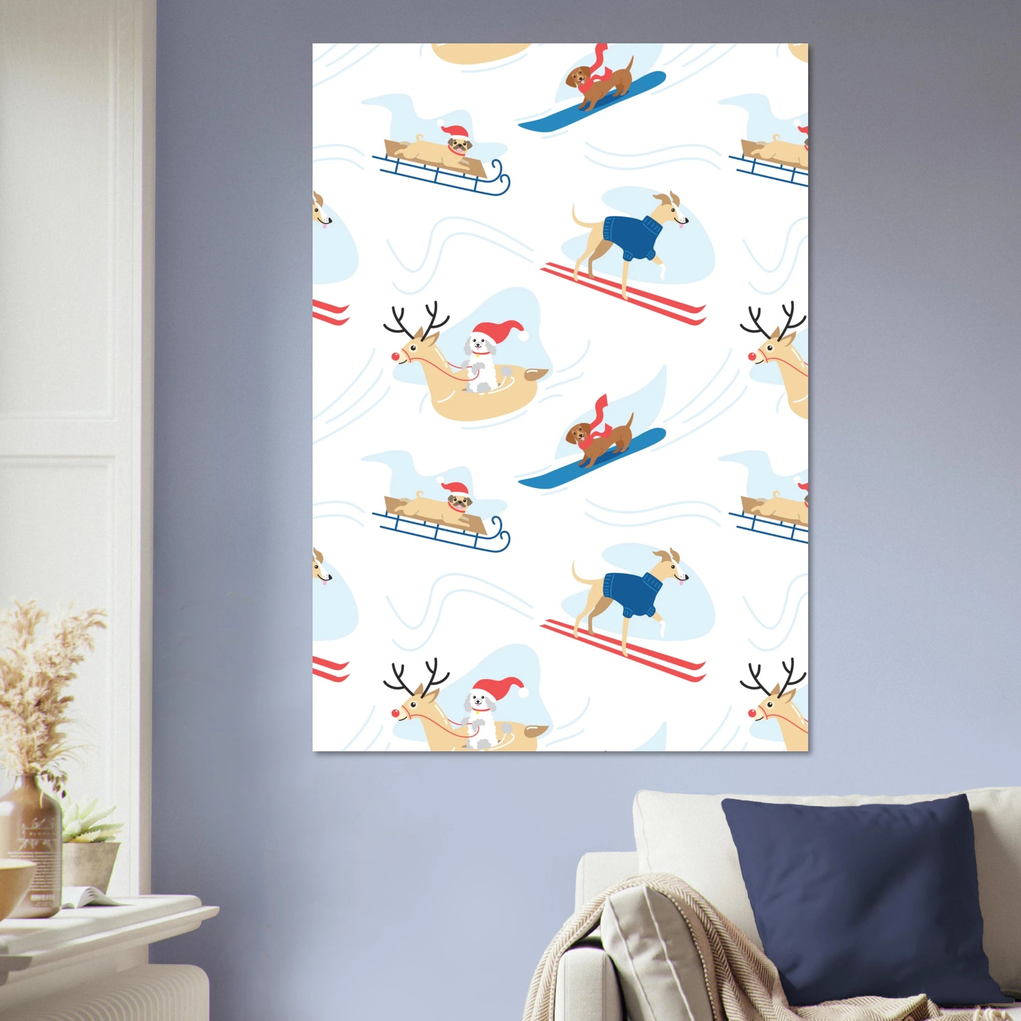 Poster montagna illustrato con cani sulla neve tra sci e slitte, stile vintage