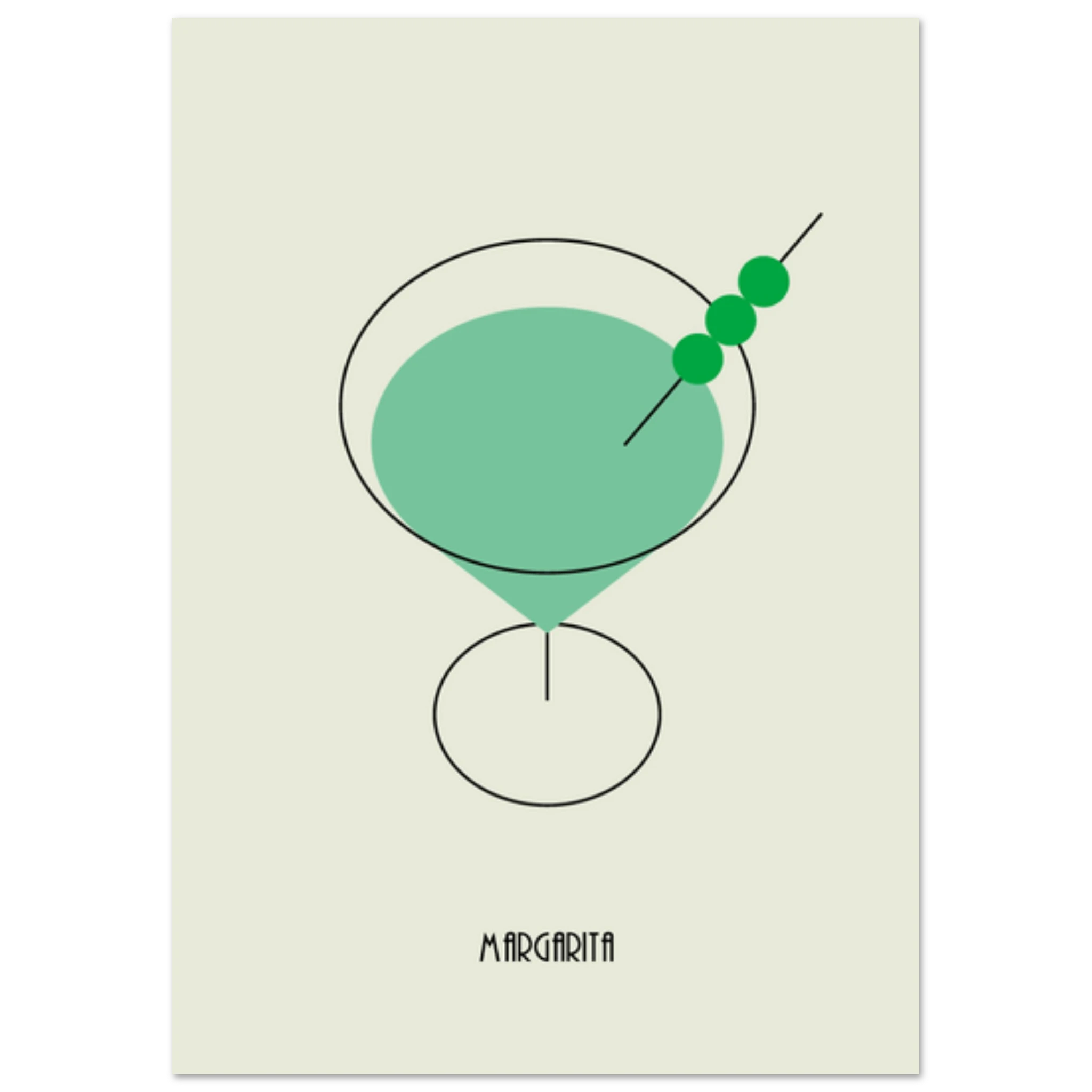 Poster minimal Margarita con cocktail verde e oliva, design moderno elegante per pareti e angolo bar