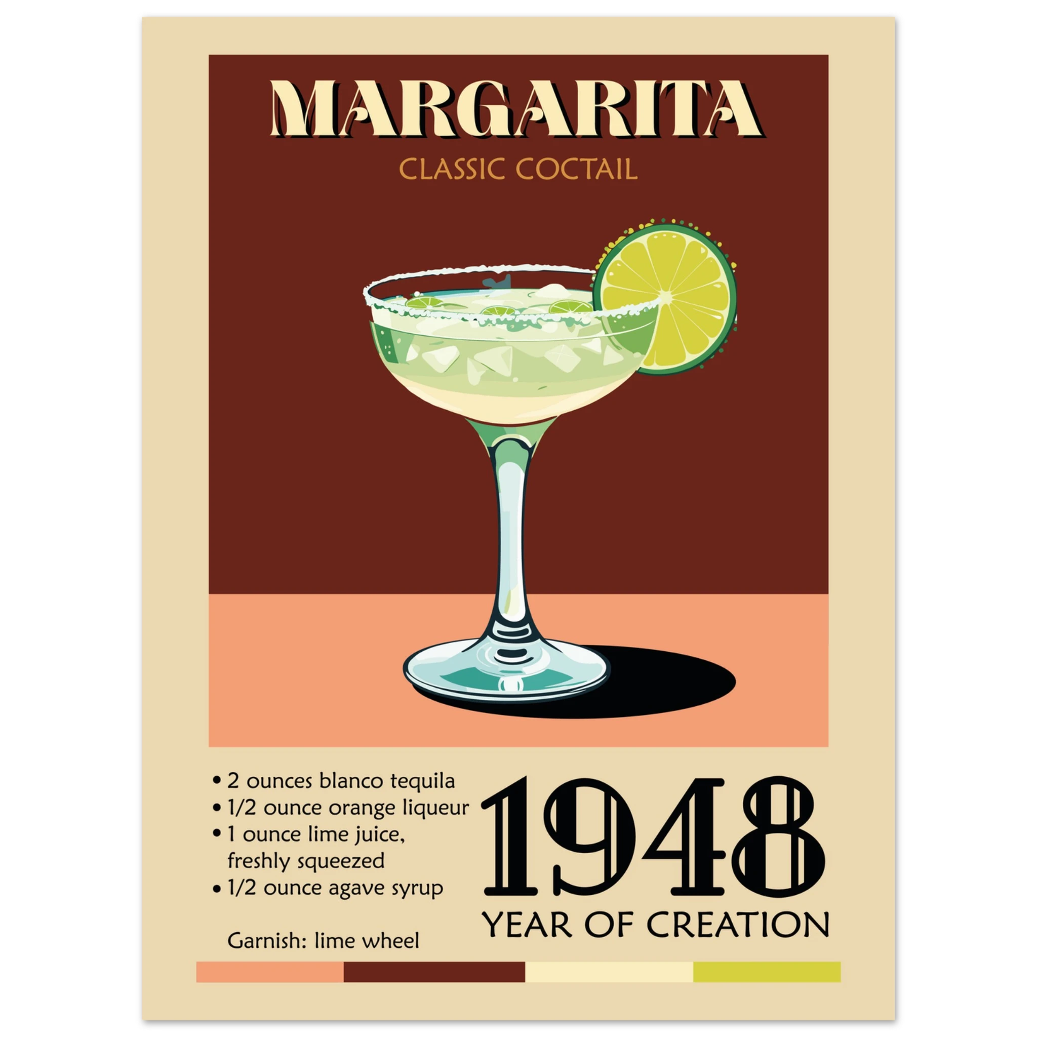 Poster Margarita vintage con cocktail verde e lime, grafica retrò classic cocktail per cucina e angolo bar