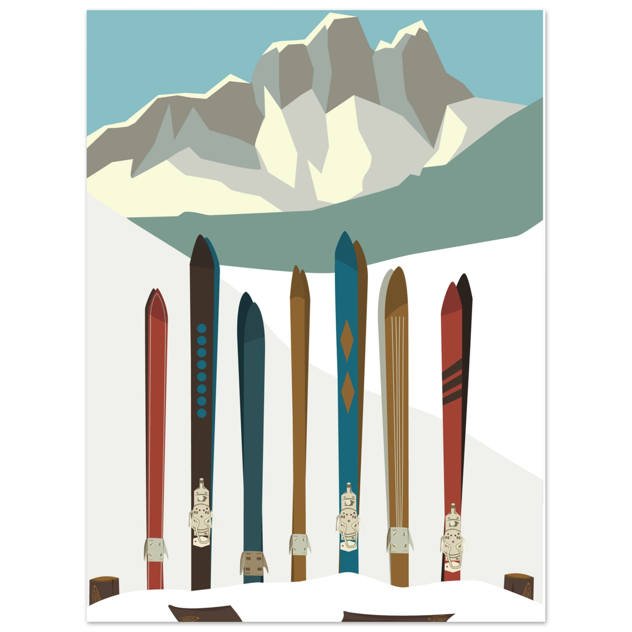 Poster montagna illustrato con sci colorati sulla neve, stile vintage alpino