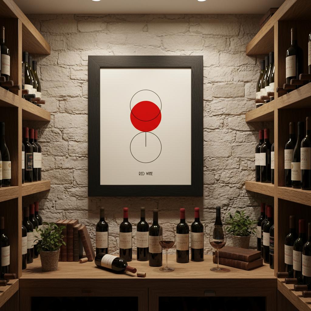 Poster minimal con bicchiere di vino rosso stilizzato, arte contemporanea essenziale, design moderno da parete.