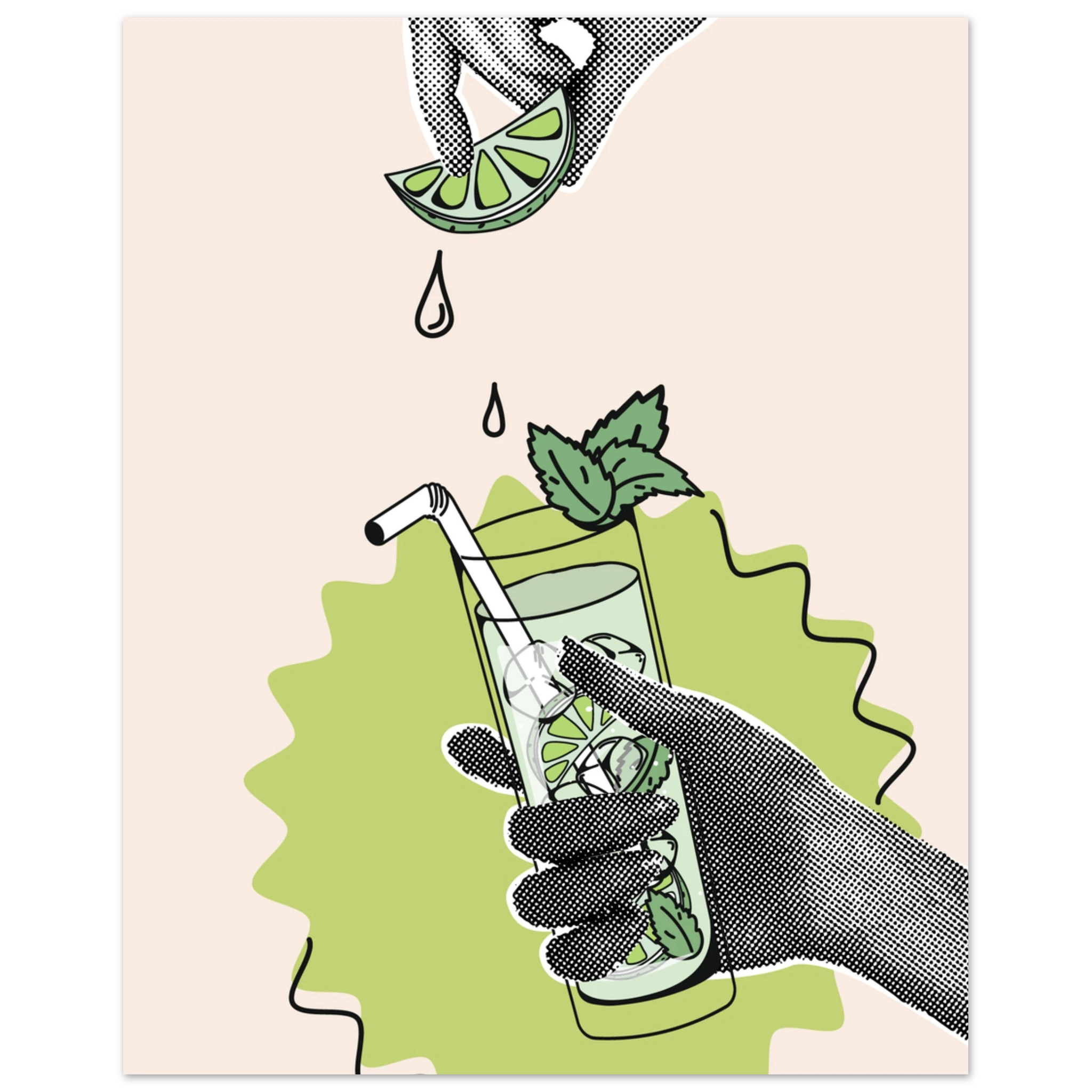 Illustrazione collage: una mano tiene un bicchiere con cannuccia e foglie di menta mentre un lime viene spremuto sopra, con gocce di succo.