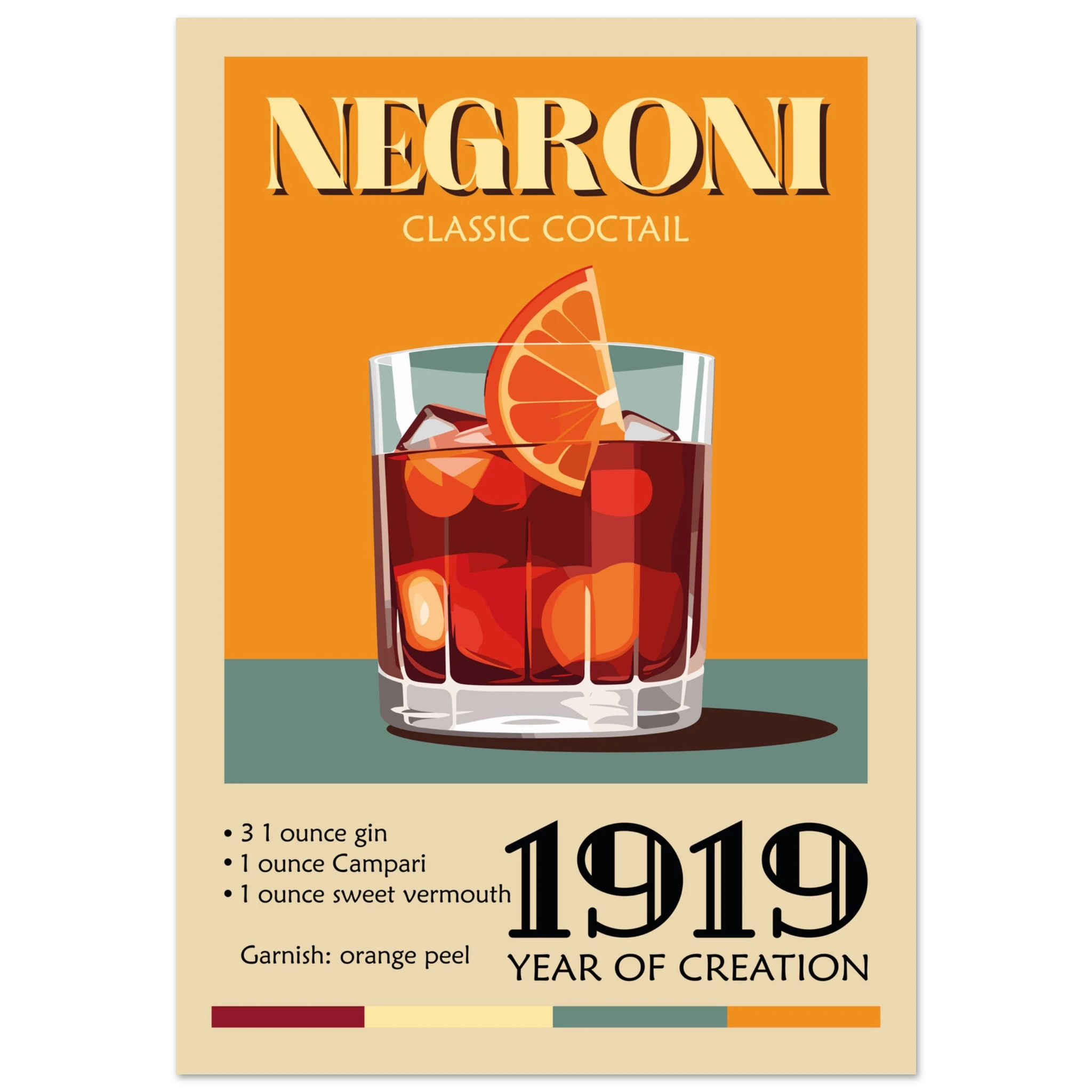 Poster illustrato Negroni in stile vintage con cocktail rosso, arancia e ricetta, perfetto per decorare un angolo bar o cucina moderna.