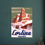Poster illustrato di Cortina ispirato alle Alpi e agli sport invernali, in stile iconico e contemporaneo