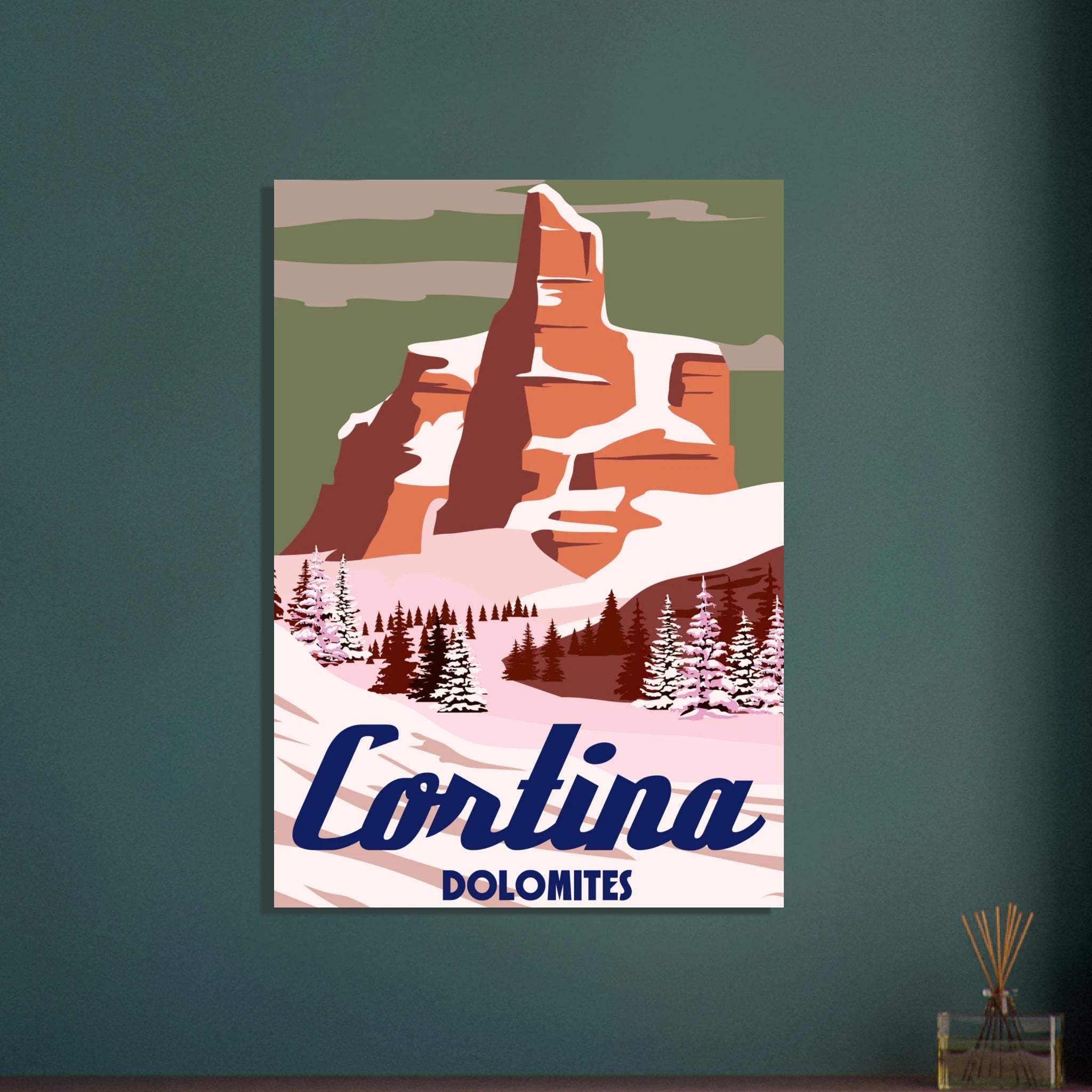 Poster illustrato di Cortina ispirato alle Alpi e agli sport invernali, in stile iconico e contemporaneo