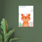 Poster illustrato per bambini con una volpe sorridente in stile dolce e colori pastello