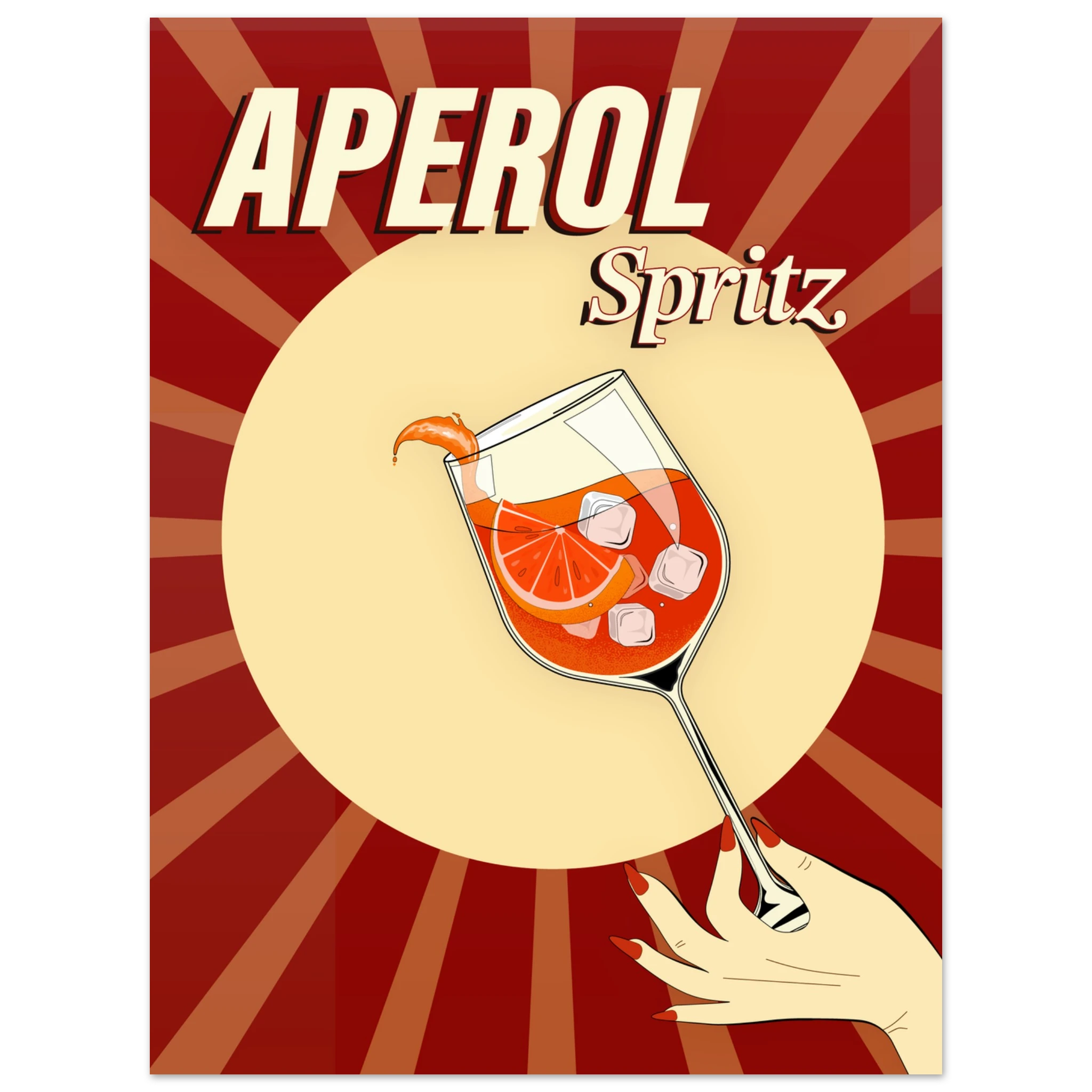 Poster Aperol Spritz vintage pop con raggi rétro e bicchiere cocktail, wall art aperitivo italiano