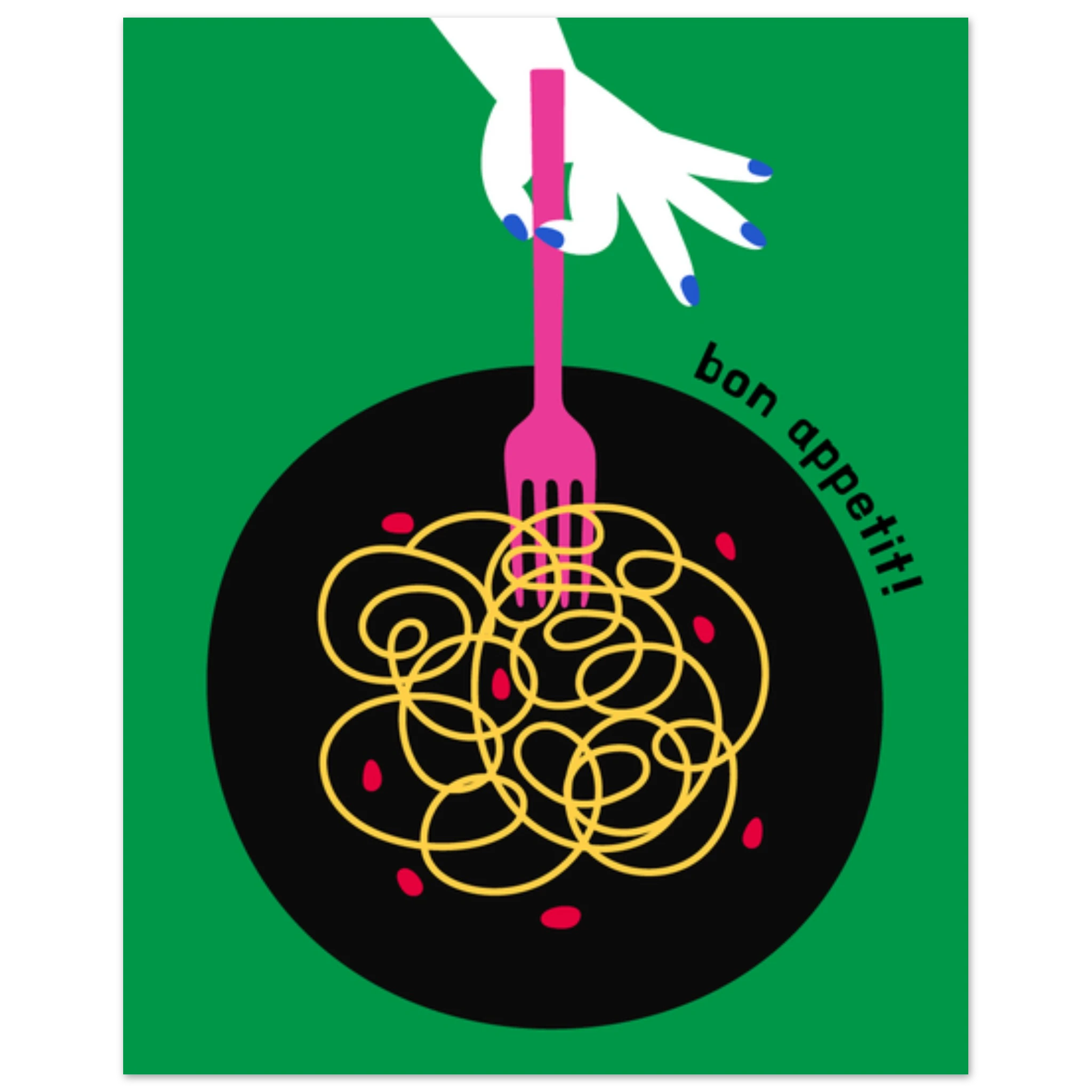 Poster illustrato con piatto di pasta in stile moderno, convivialità italiana