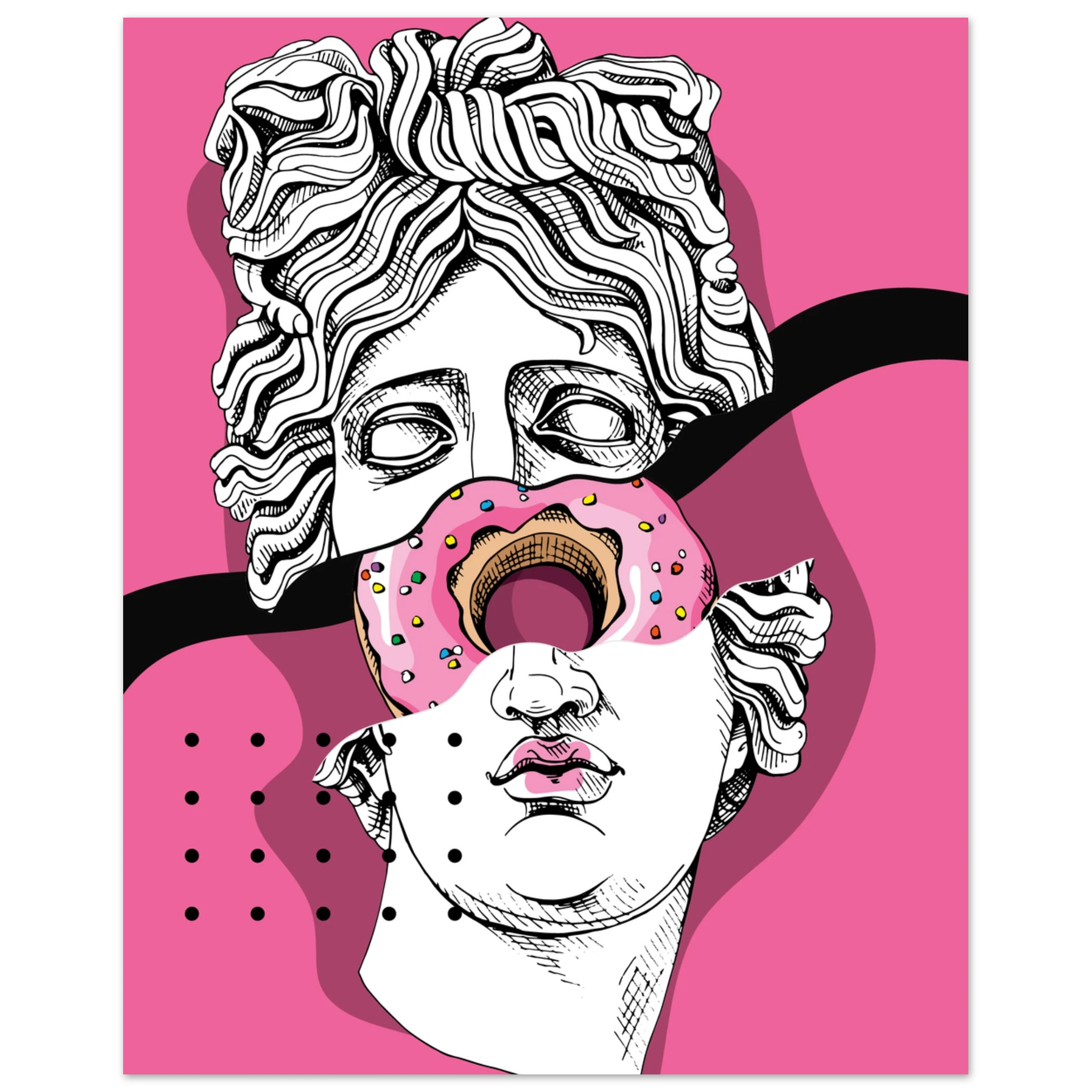 Poster pop art con statua classica bianca e donut rosa sull’occhio, sfondo fucsia, arte contemporanea ironica