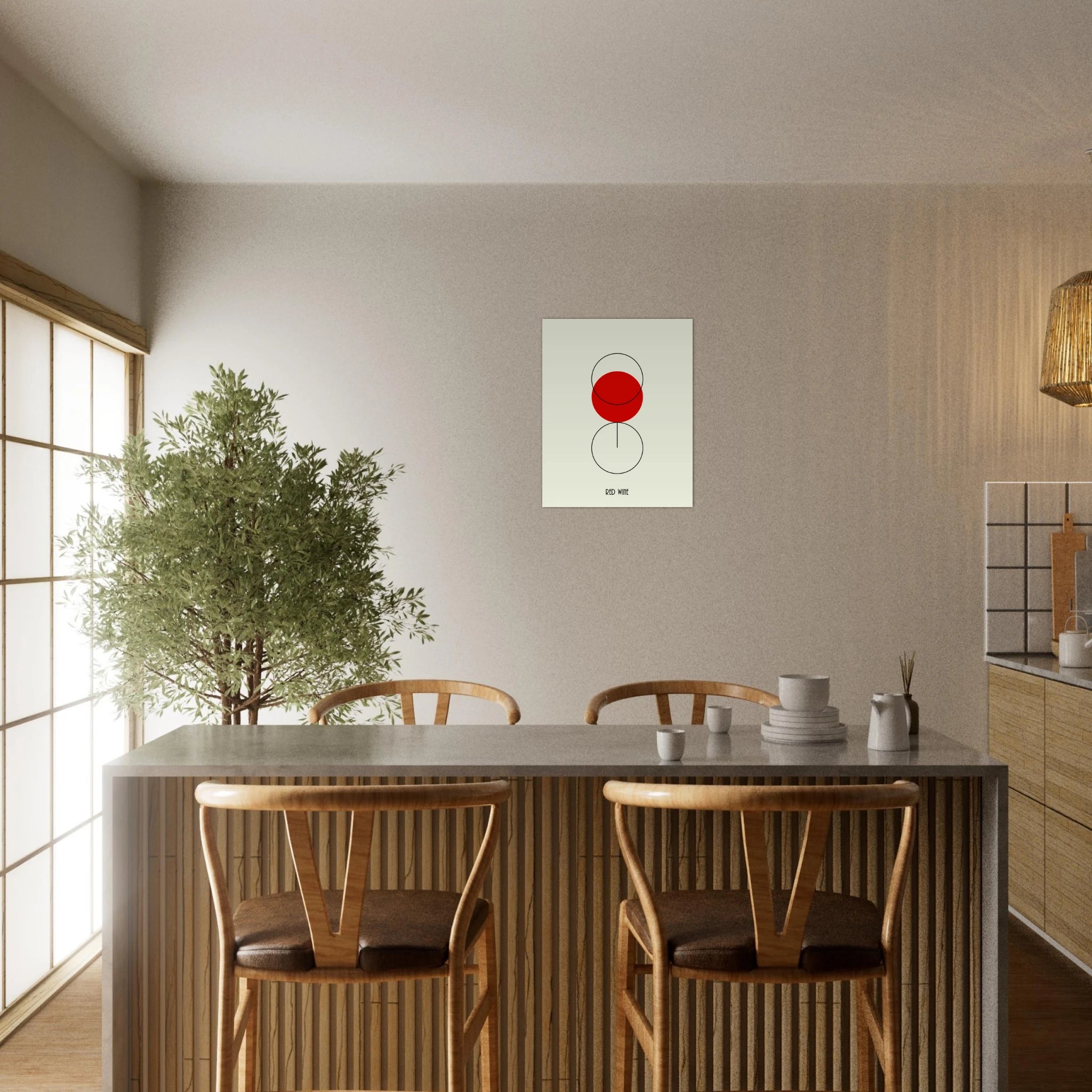 Poster minimal con bicchiere di vino rosso stilizzato, arte contemporanea essenziale, design moderno da parete.