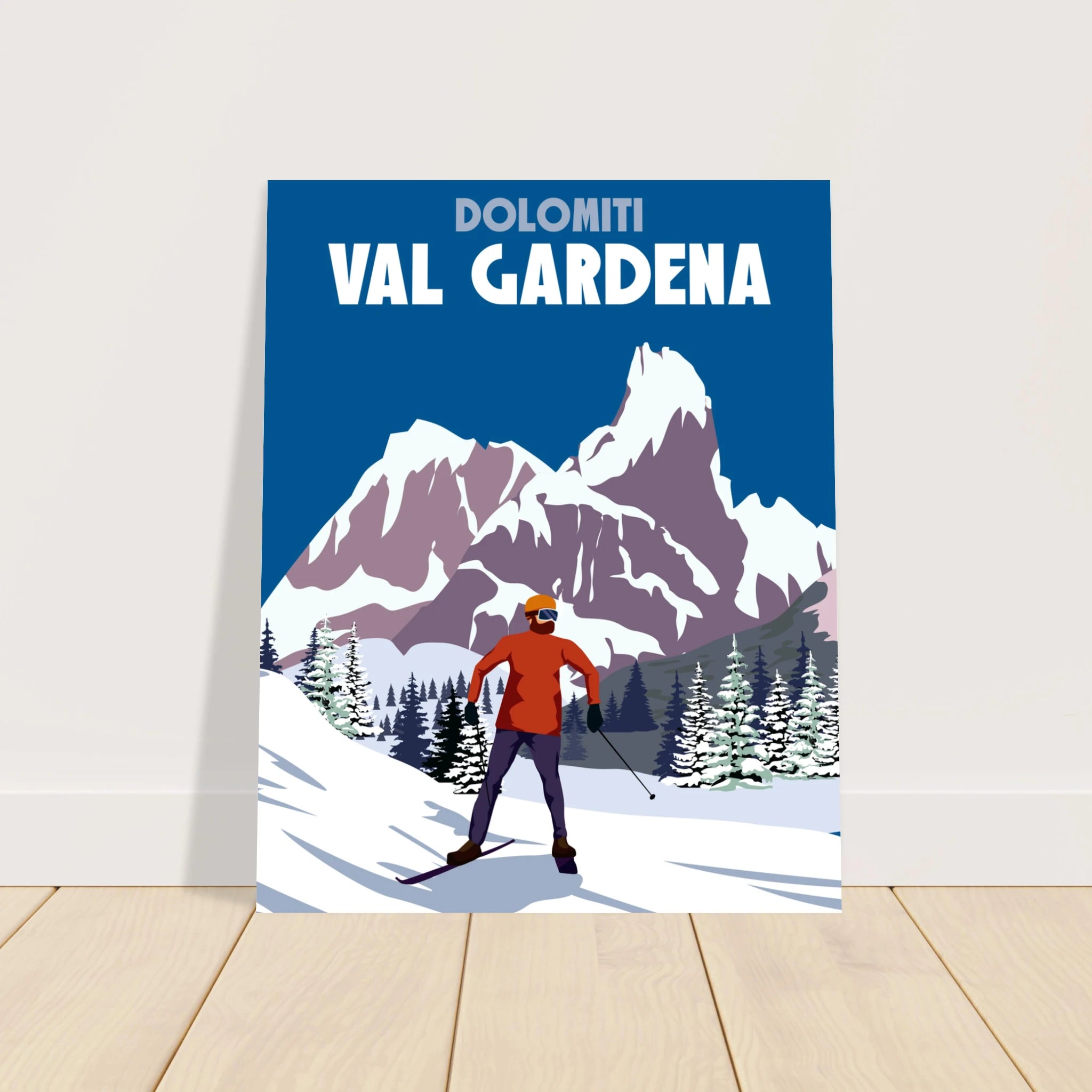 Poster vintage ispirato alla Val Gardena e alle Dolomiti. Arte alpina perfetta per chi ama sci e montagna.