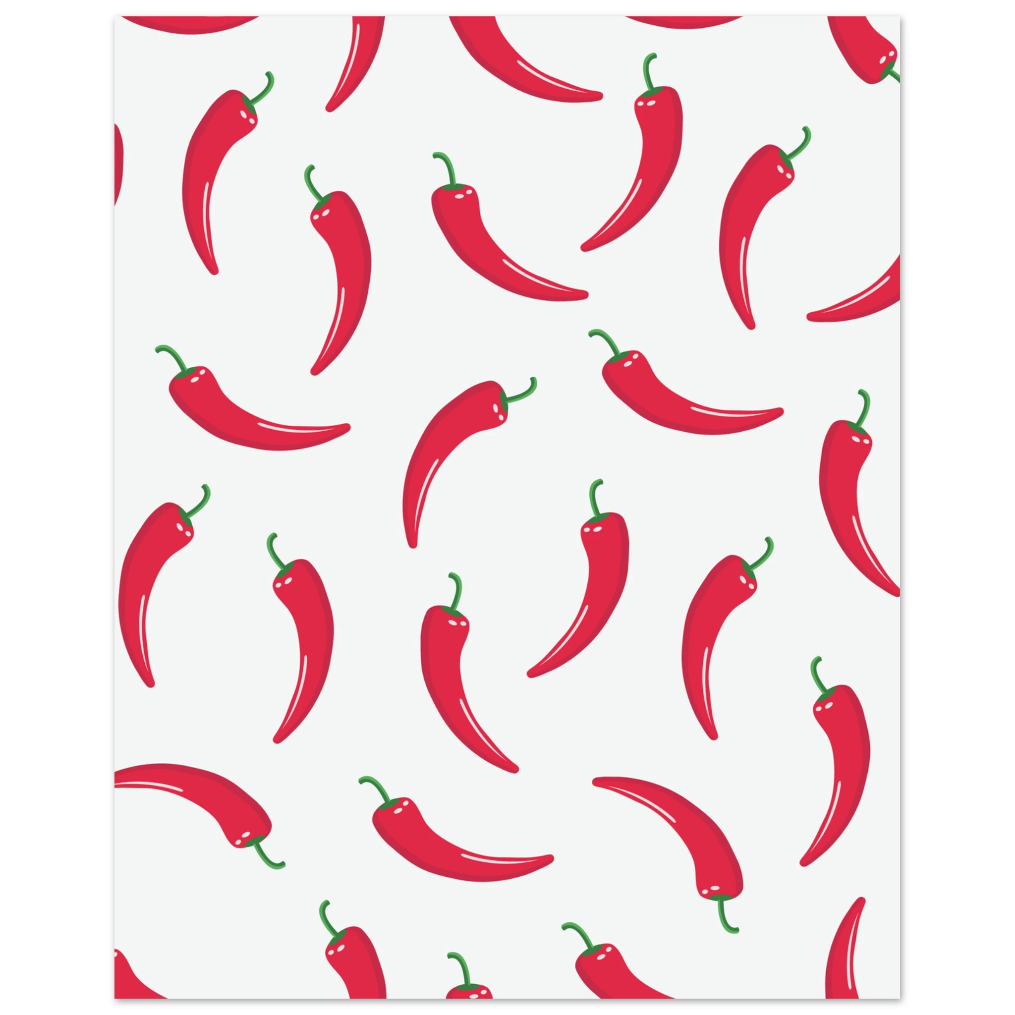 Poster con peperoncini rossi ripetuti su sfondo bianco, stile pop art moderno e minimal.