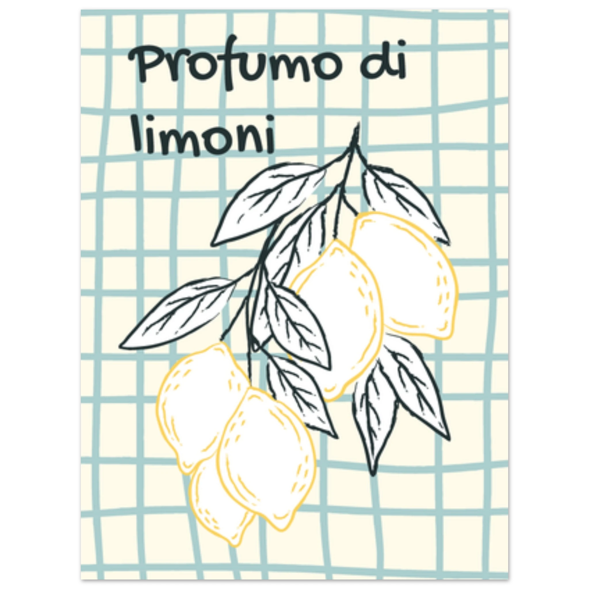 Poster illustrato con limoni e foglie, stile mediterraneo italiano