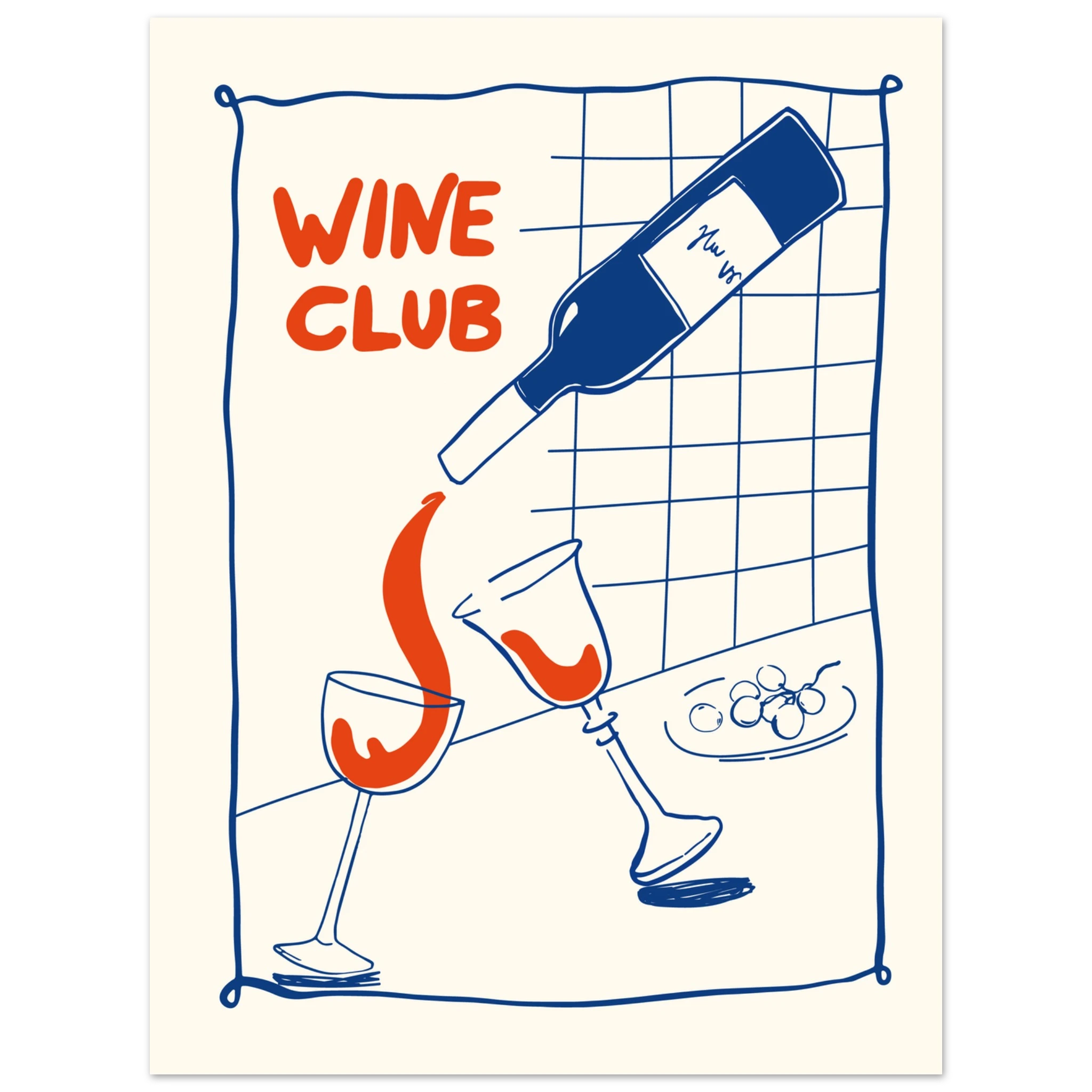 Poster Wine Club con illustrazione di bottiglia di vino e due calici, stile doodle moderno